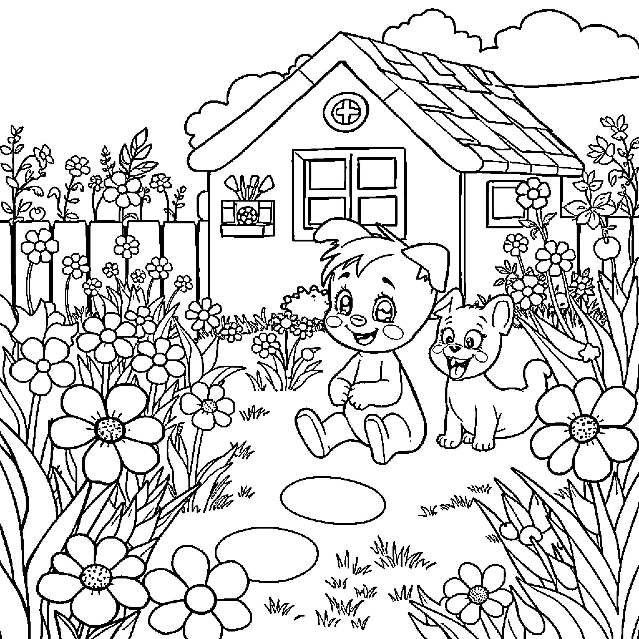 Gabby's Playful Adventure in the Flower Garden Coloring Page (free black-and-white line drawing printable PDF for all, from beginners to advanced learners, including children, teens, adults, and seniors)