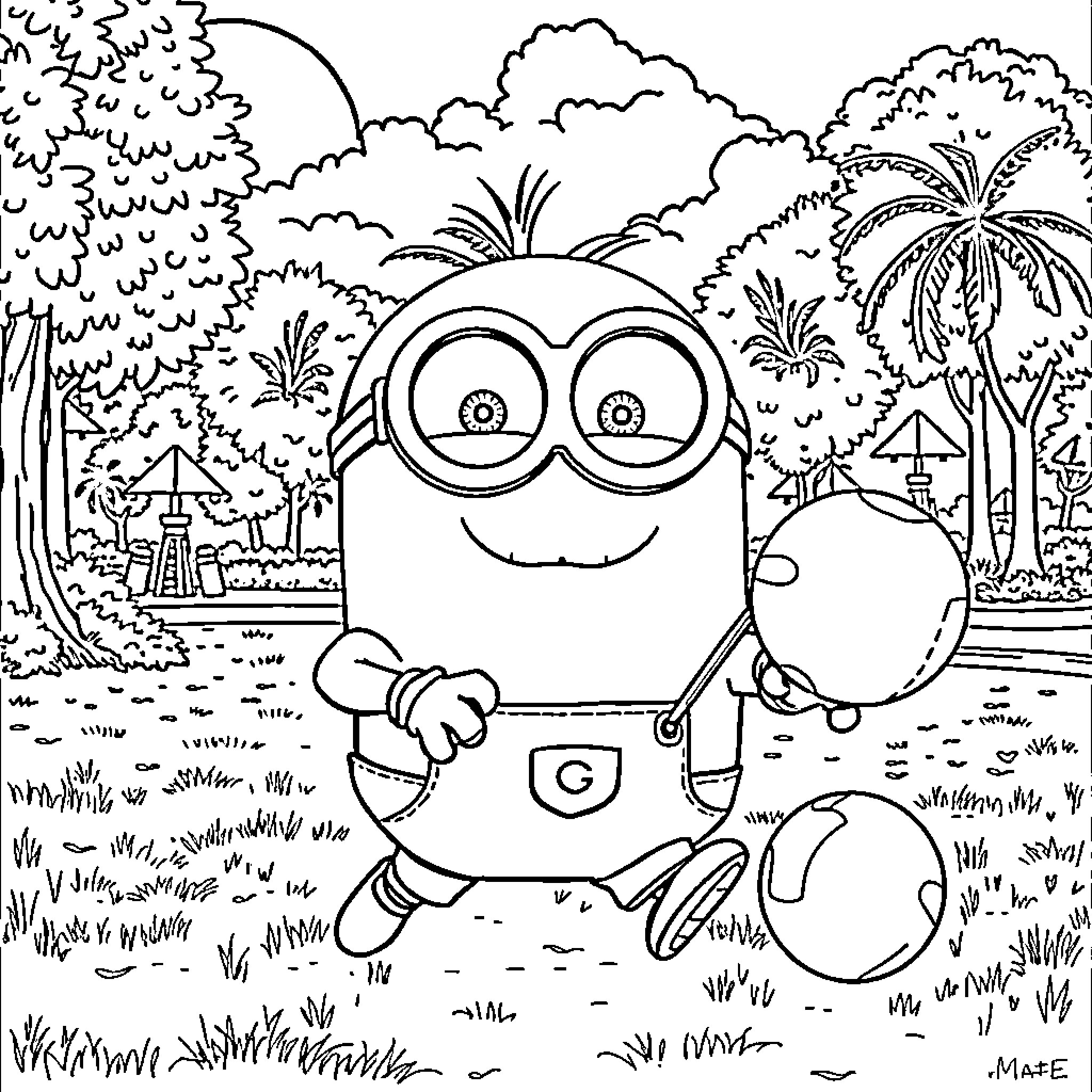 Minion enjoying a fun day in the tropical paradise Coloring Page (free black-and-white line drawing printable PDF for all, from beginners to advanced learners, including children, teens, adults, and seniors)