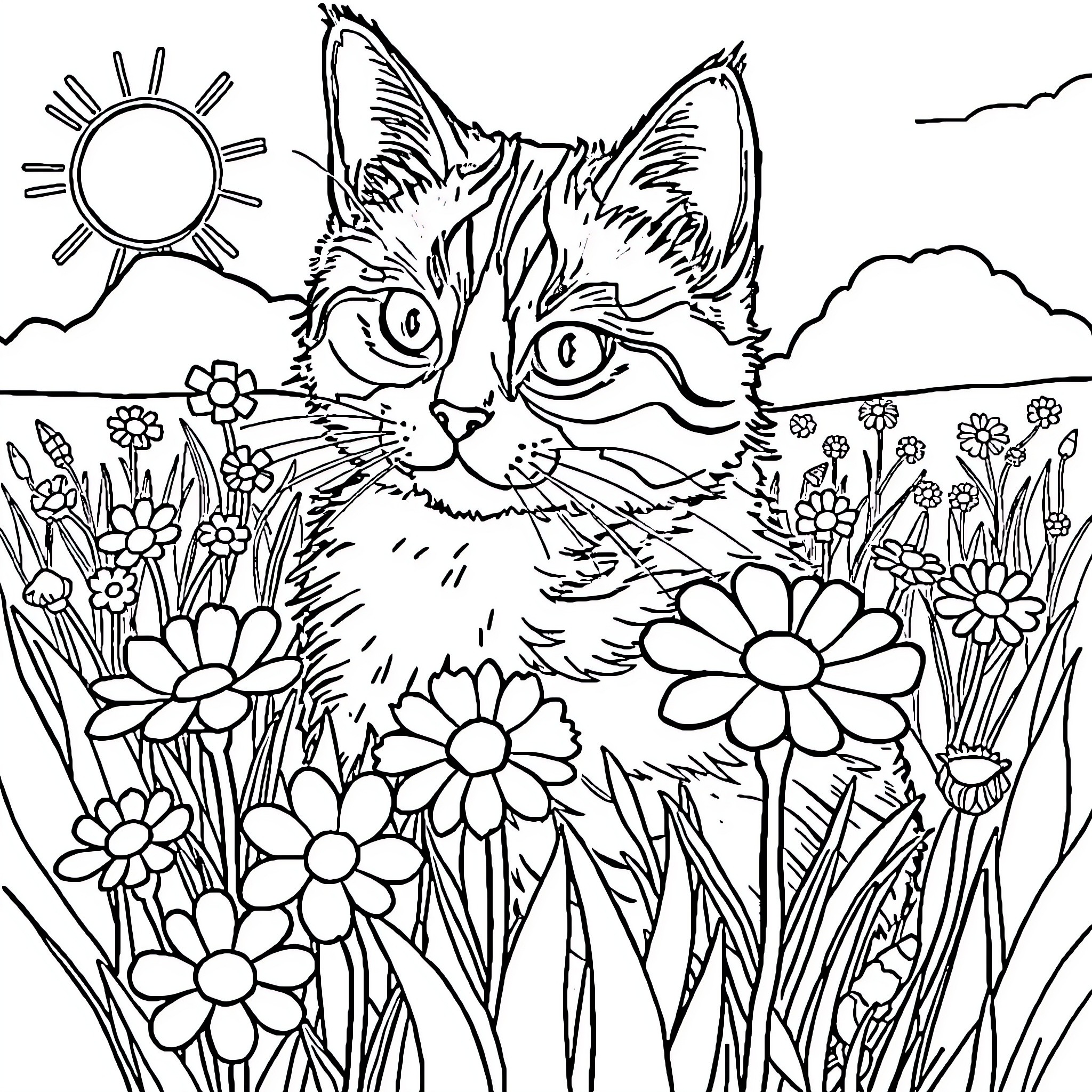 Calico Cat Exploring Vibrant Floral Garden Coloring Page (free black-and-white line drawing printable PDF for all, from beginners to advanced learners, including children, teens, adults, and seniors)