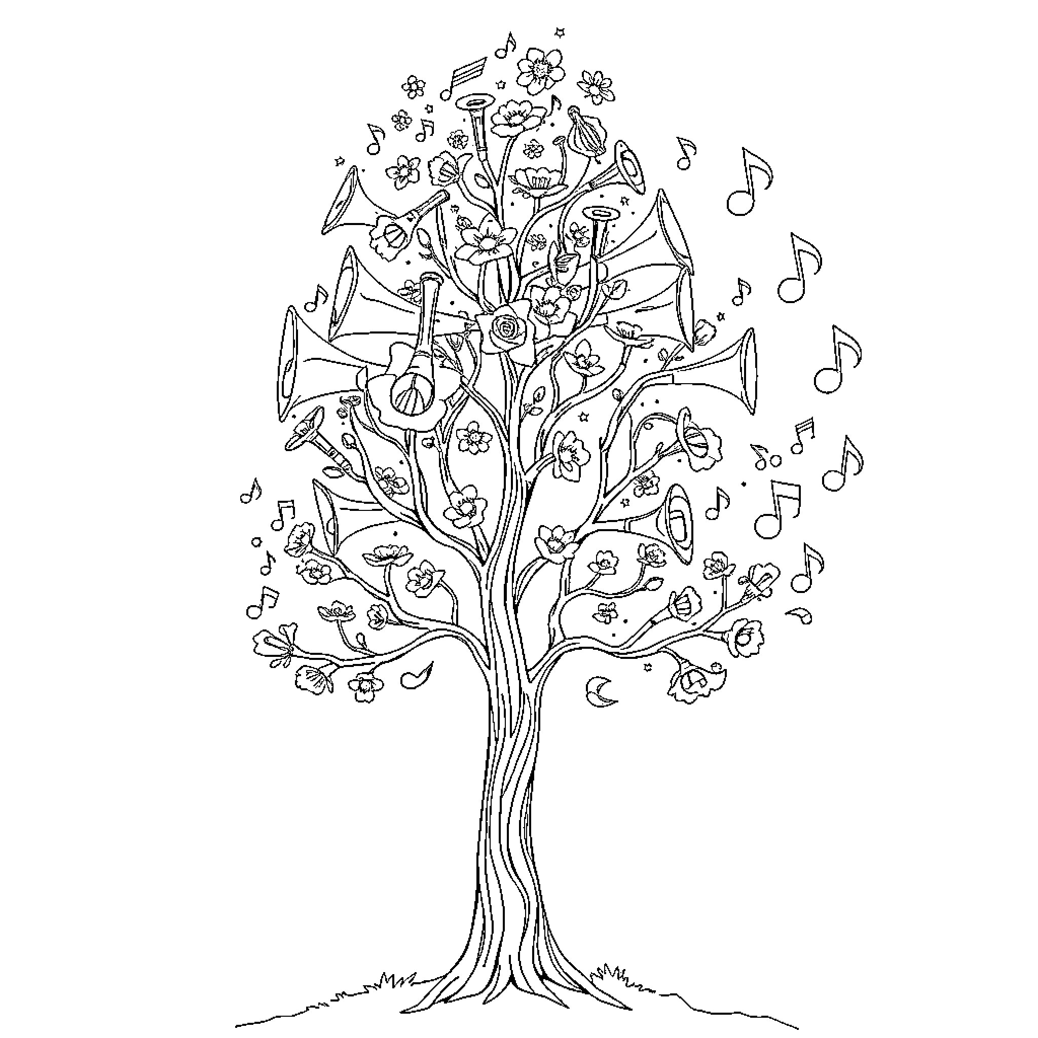 Tree of Musical Instruments and Notes Coloring Page (free black-and-white line drawing printable PDF for all, from beginners to advanced learners, including children, teens, adults, and seniors)