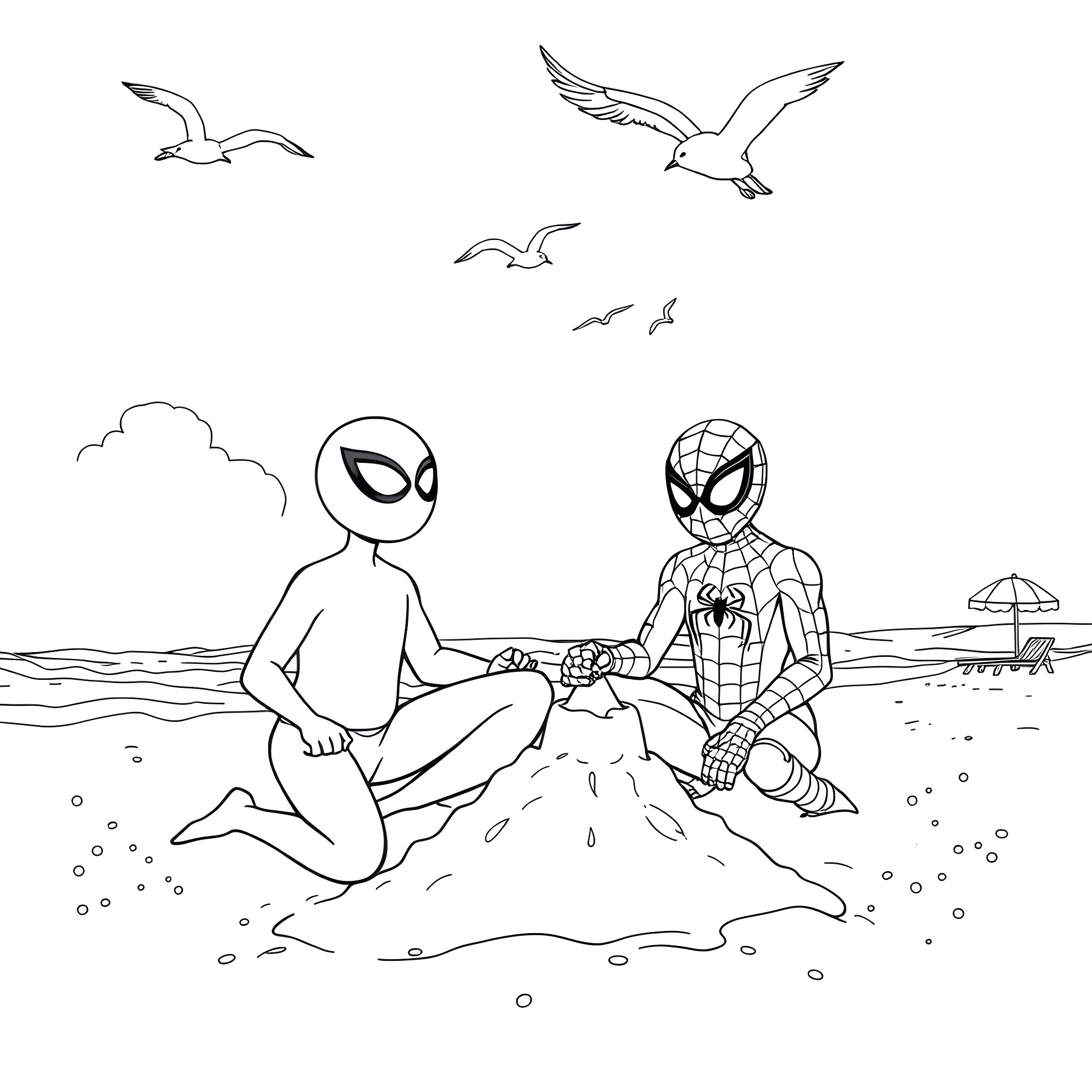 Bluey and Spiderman playing on the beach Coloring Page (free black-and-white line drawing printable PDF for all, from beginners to advanced learners, including children, teens, adults, and seniors)