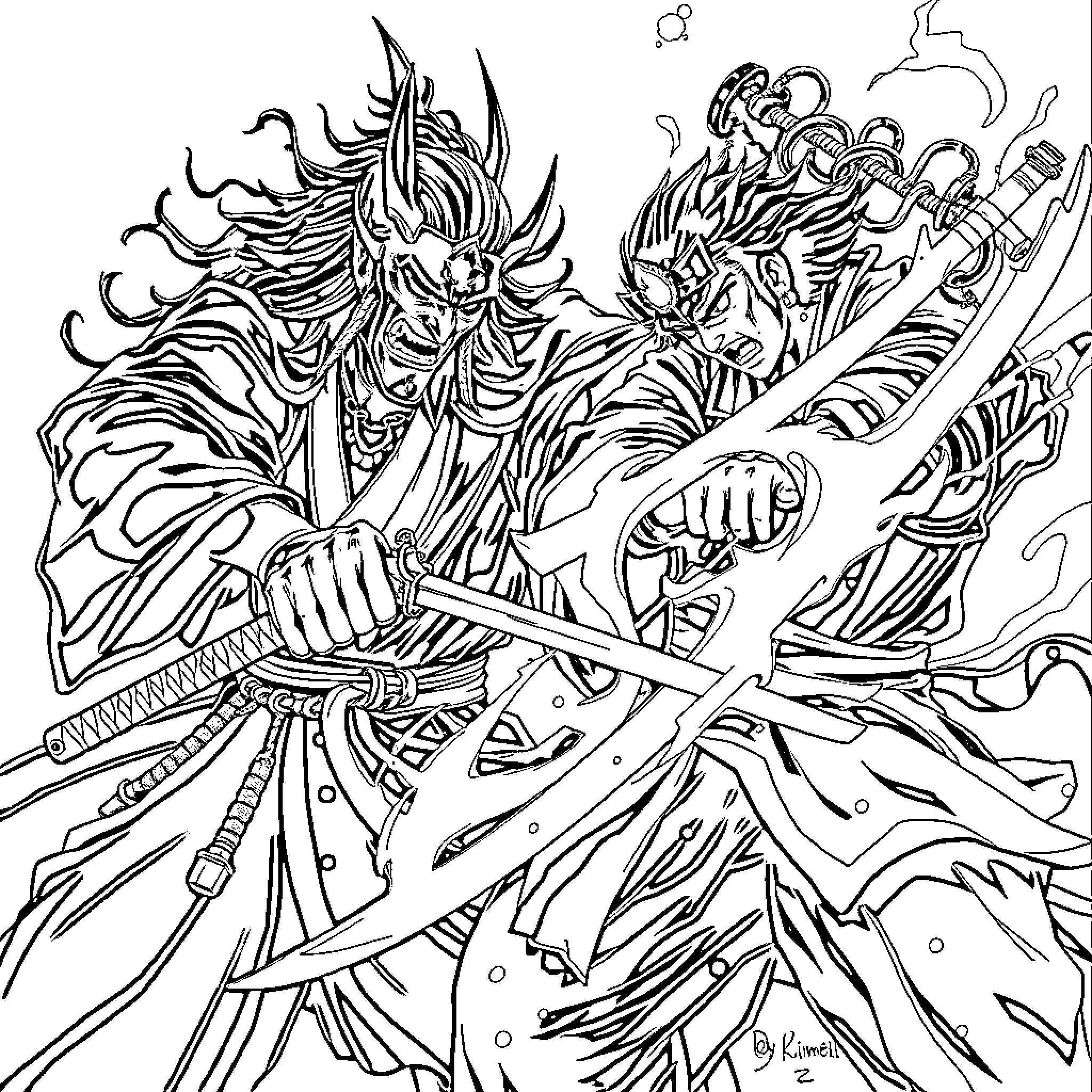 Tanjiro's Fiery Determination in Battle Coloring Page (free black-and-white line drawing printable PDF for all, from beginners to advanced learners, including children, teens, adults, and seniors)
