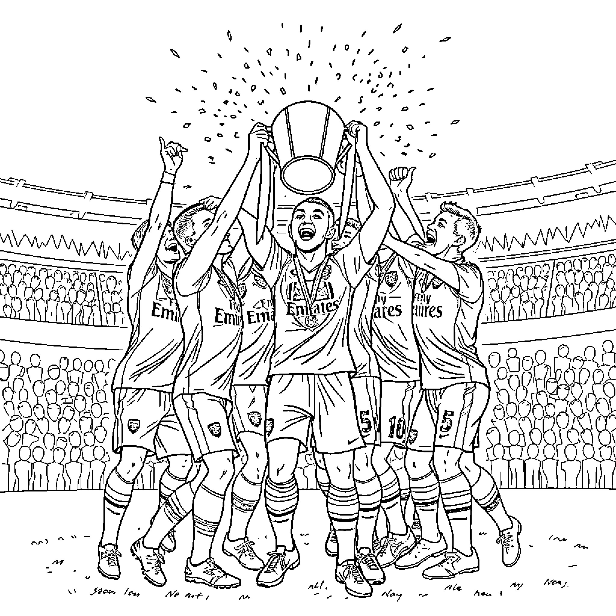 Arsenal players celebrate trophy victory together Coloring Page (free black-and-white line drawing printable PDF for all, from beginners to advanced learners, including children, teens, adults, and seniors)
