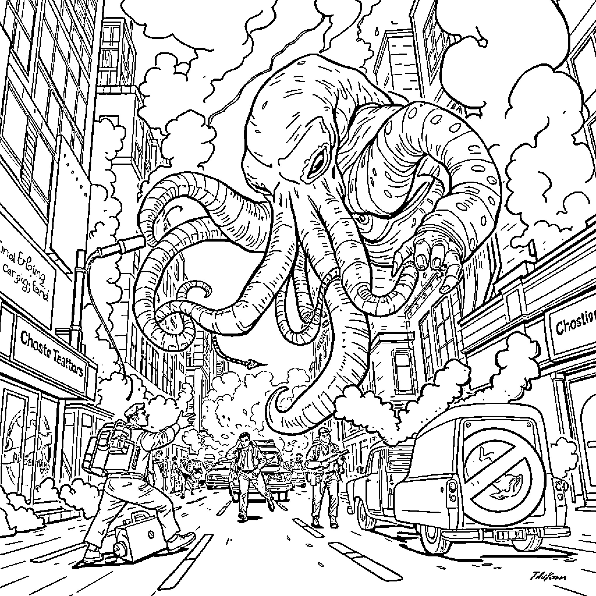Cthulhu Emerges from the City Chaos Coloring Page (free black-and-white line drawing printable PDF for all, from beginners to advanced learners, including children, teens, adults, and seniors)