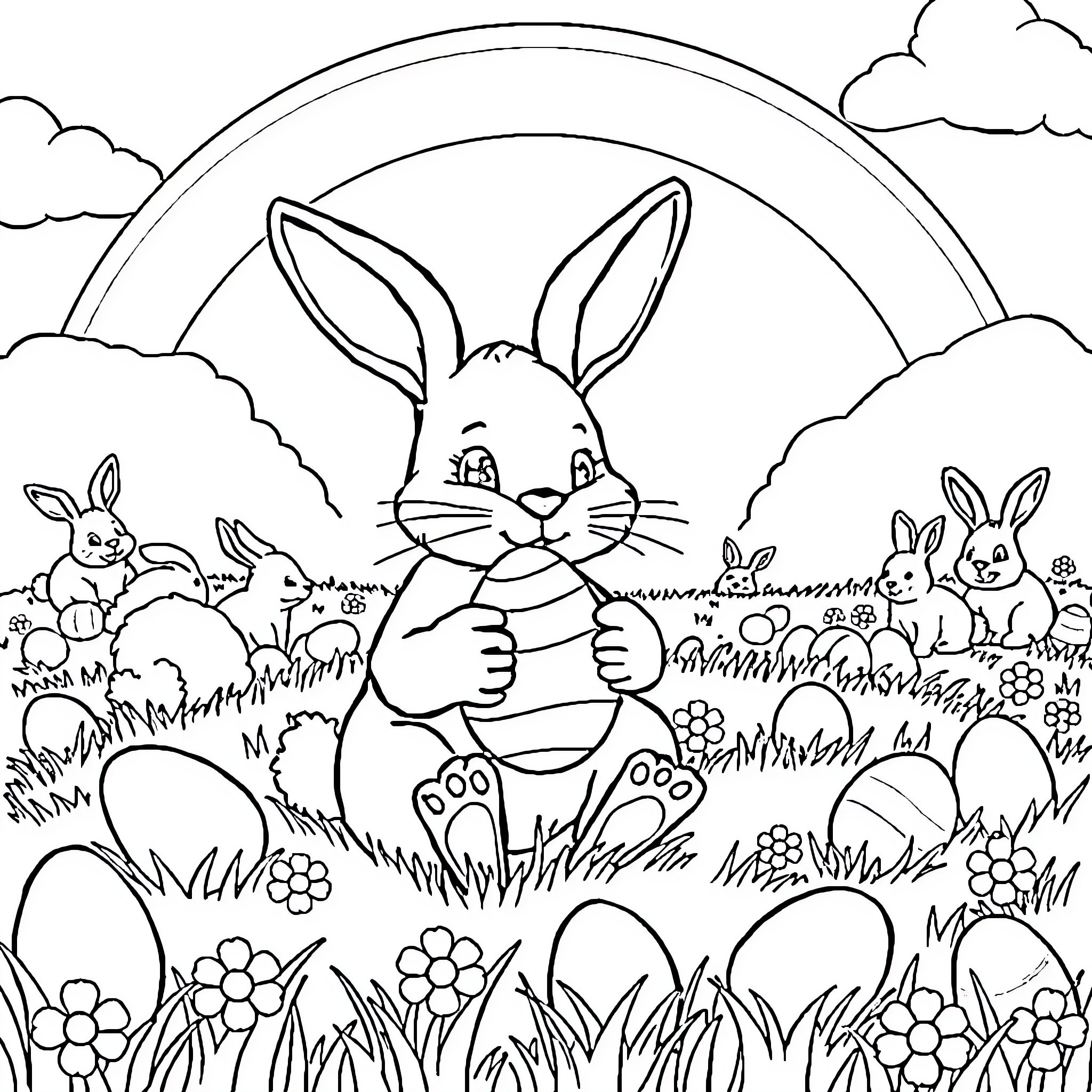 Bunny enjoying a peaceful day in the meadow Coloring Page (free black-and-white line drawing printable PDF for all, from beginners to advanced learners, including children, teens, adults, and seniors)