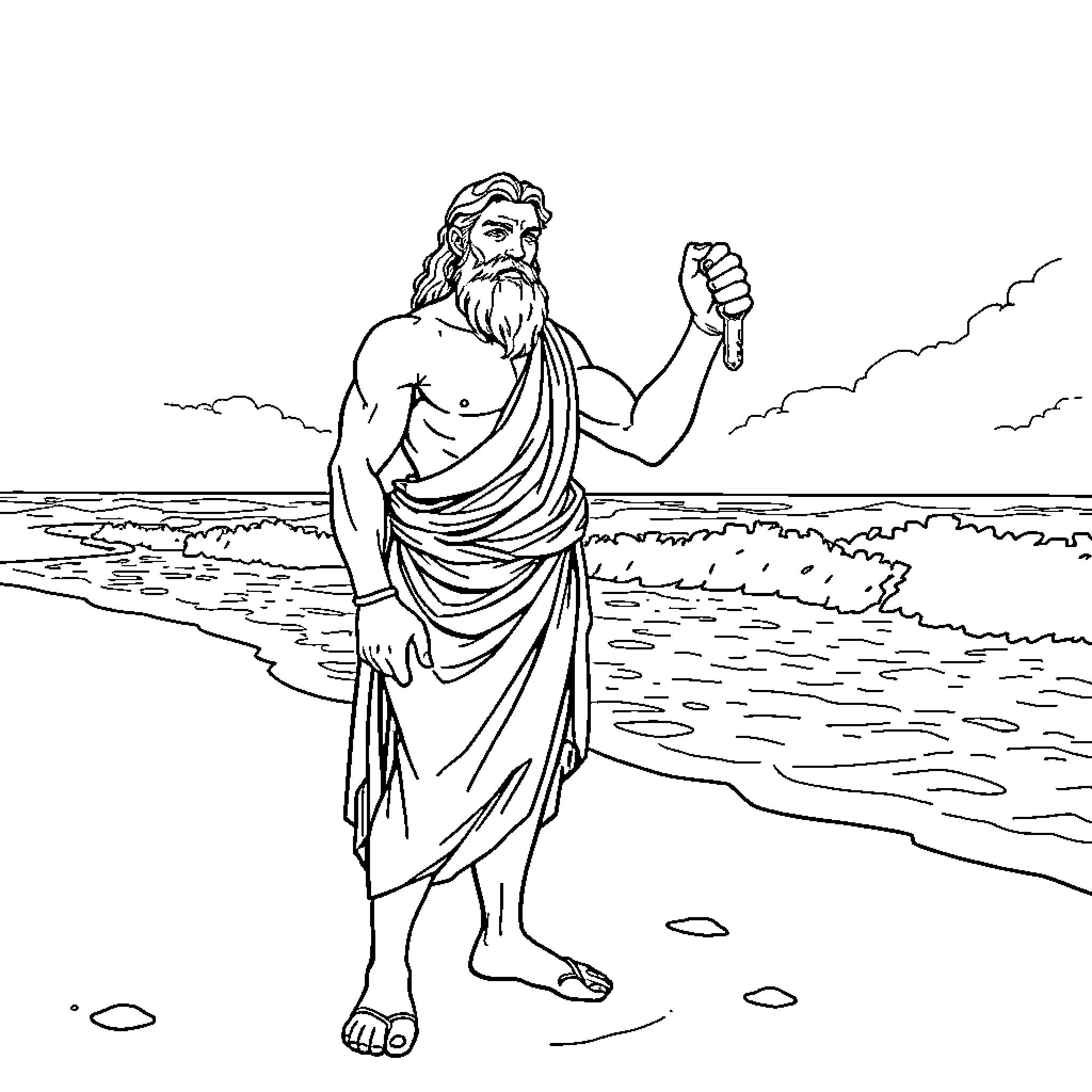 Odysseus, the determined hero, stands resolute on the shore Coloring Page (free black-and-white line drawing printable PDF for all, from beginners to advanced learners, including children, teens, adults, and seniors)