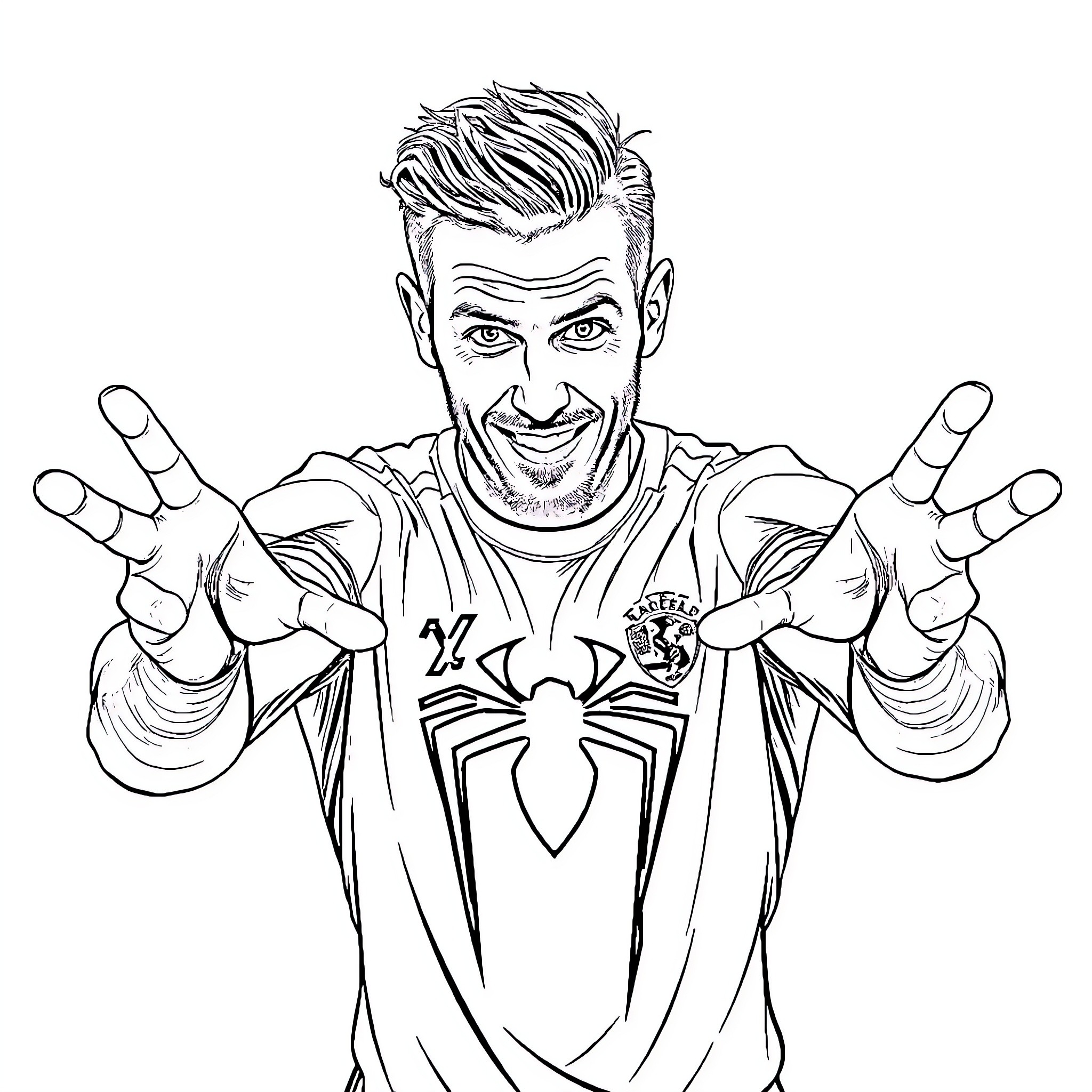Gareth Bale making a celebratory gesture in sports uniform Coloring Page (free black-and-white line drawing printable PDF for all, from beginners to advanced learners, including children, teens, adults, and seniors)