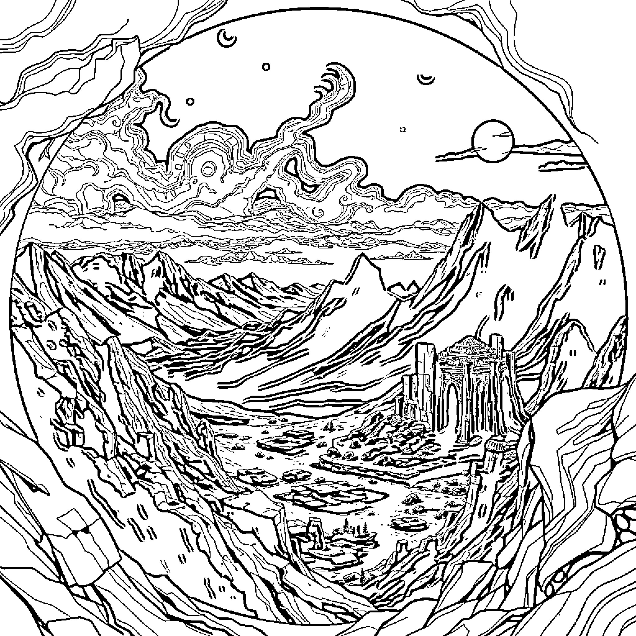 Tartaria: Surreal Landscapes and Fantastical Structures Coloring Page (free black-and-white line drawing printable PDF for all, from beginners to advanced learners, including children, teens, adults, and seniors)