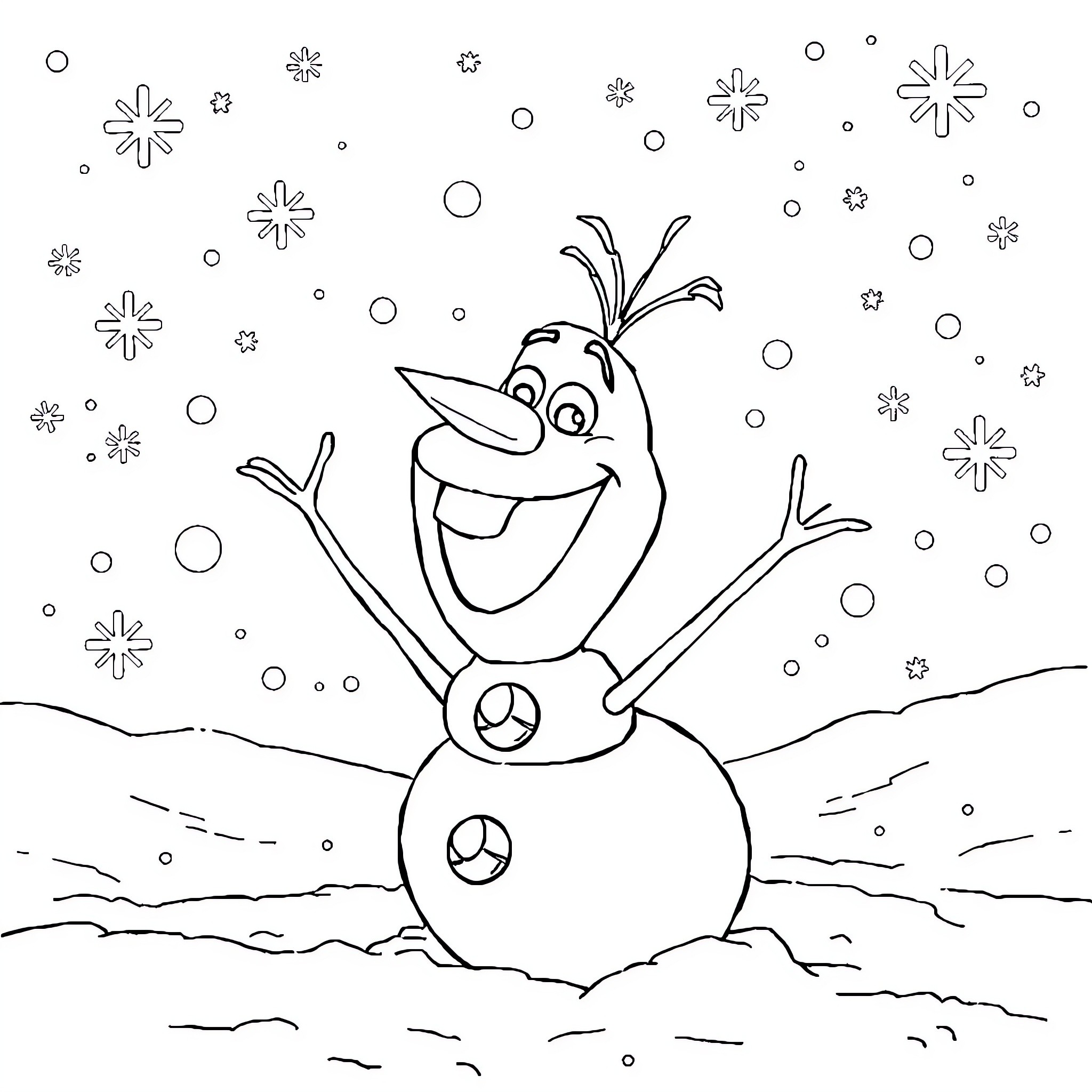 Olaf enjoying the snowy wonderland Coloring Page (free black-and-white line drawing printable PDF for all, from beginners to advanced learners, including children, teens, adults, and seniors)