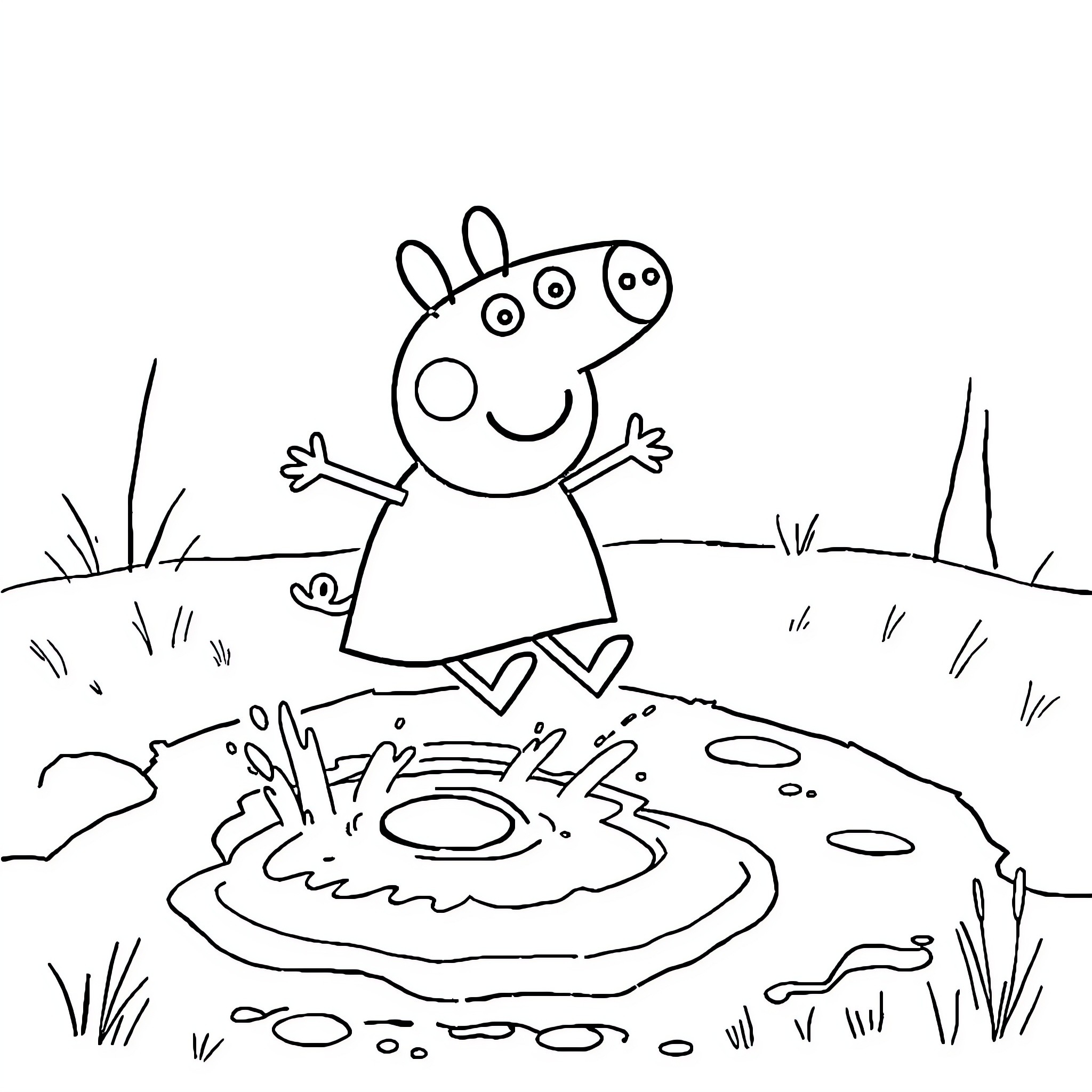 Peppa Pig jumping in the puddle Coloring Page (free black-and-white line drawing printable PDF for all, from beginners to advanced learners, including children, teens, adults, and seniors)