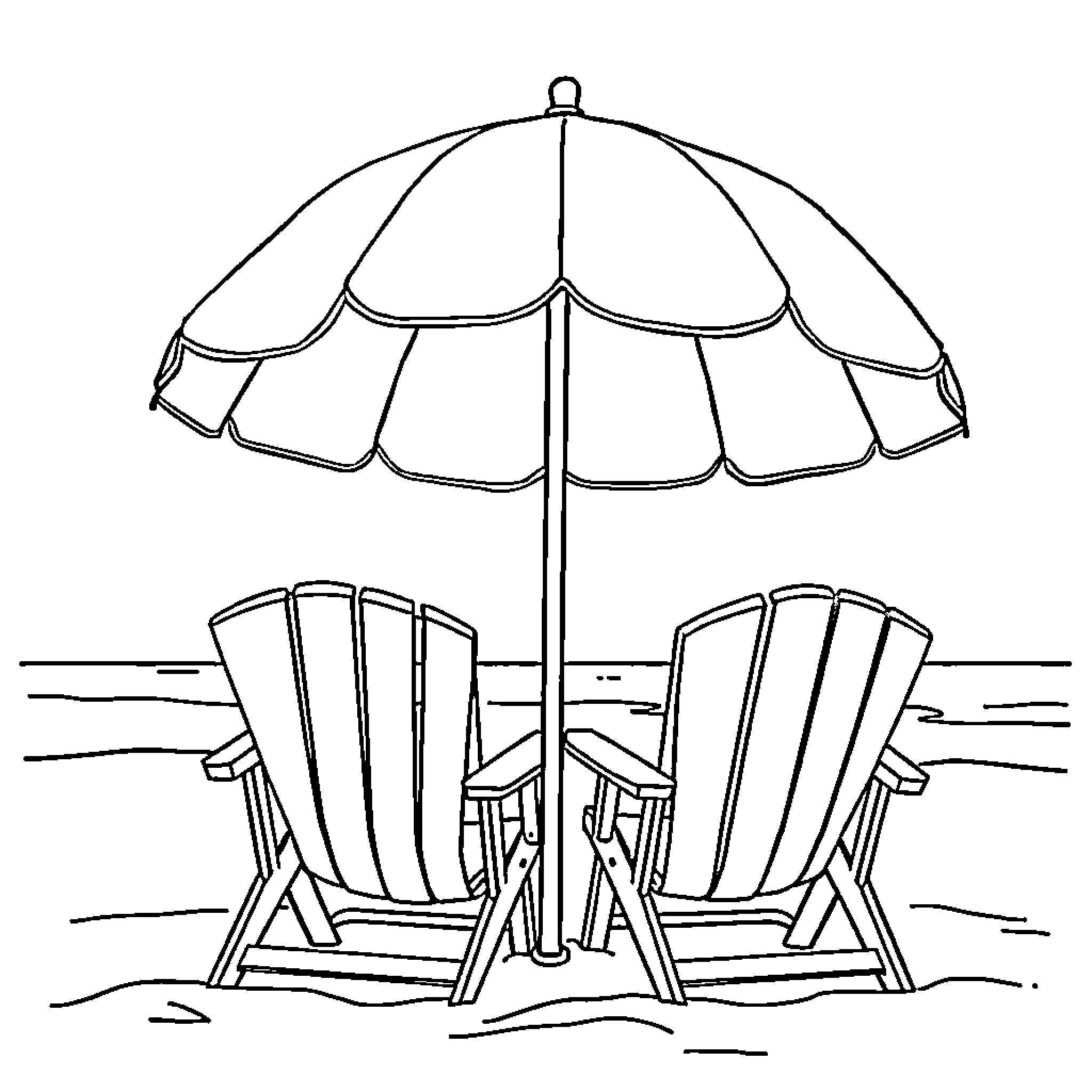 Beach Umbrella and Adirondack Chairs at the Seaside Coloring Page (free black-and-white line drawing printable PDF for all, from beginners to advanced learners, including children, teens, adults, and seniors)