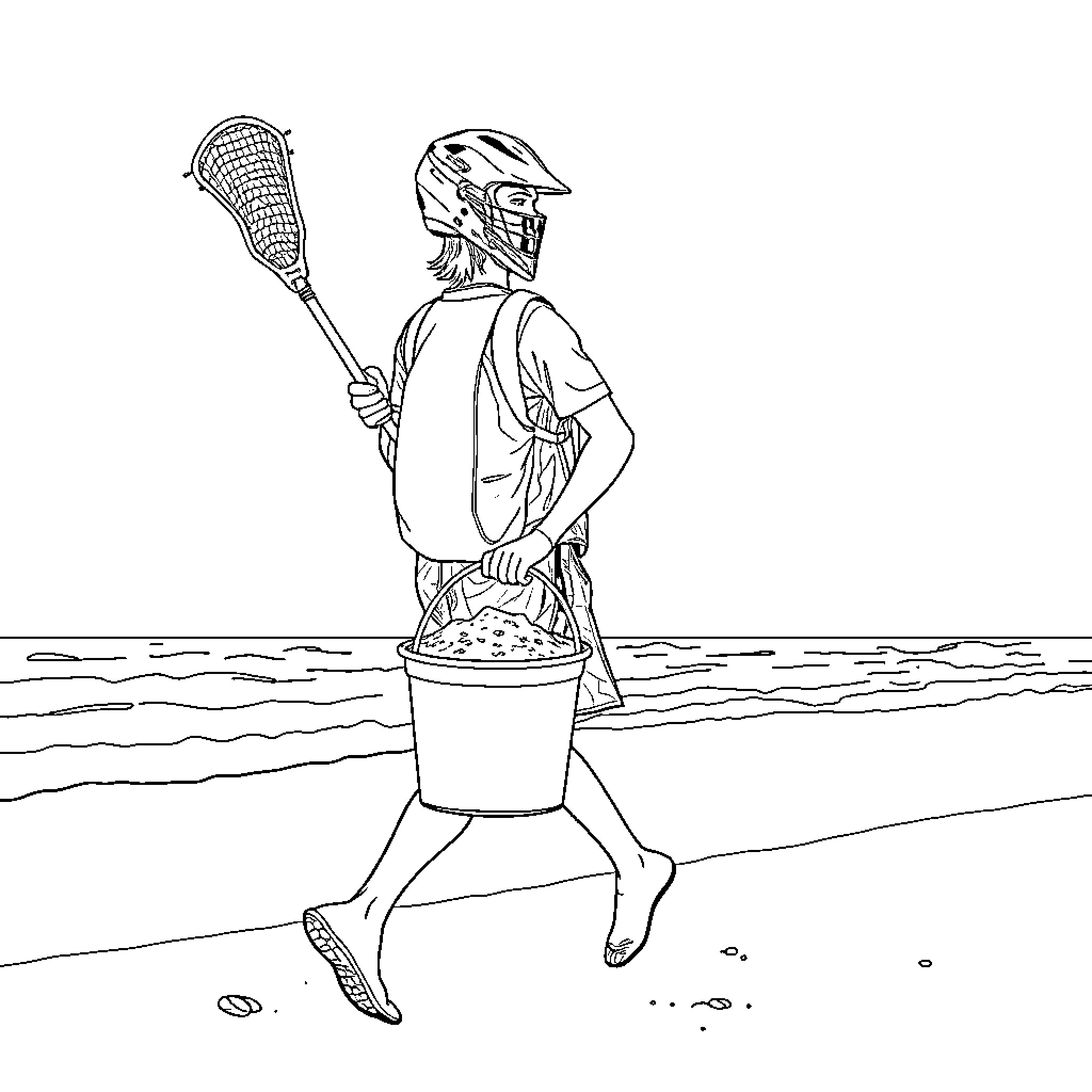 Lacrosse Player Collecting Seashells on the Beach Coloring Page (free black-and-white line drawing printable PDF for all, from beginners to advanced learners, including children, teens, adults, and seniors)
