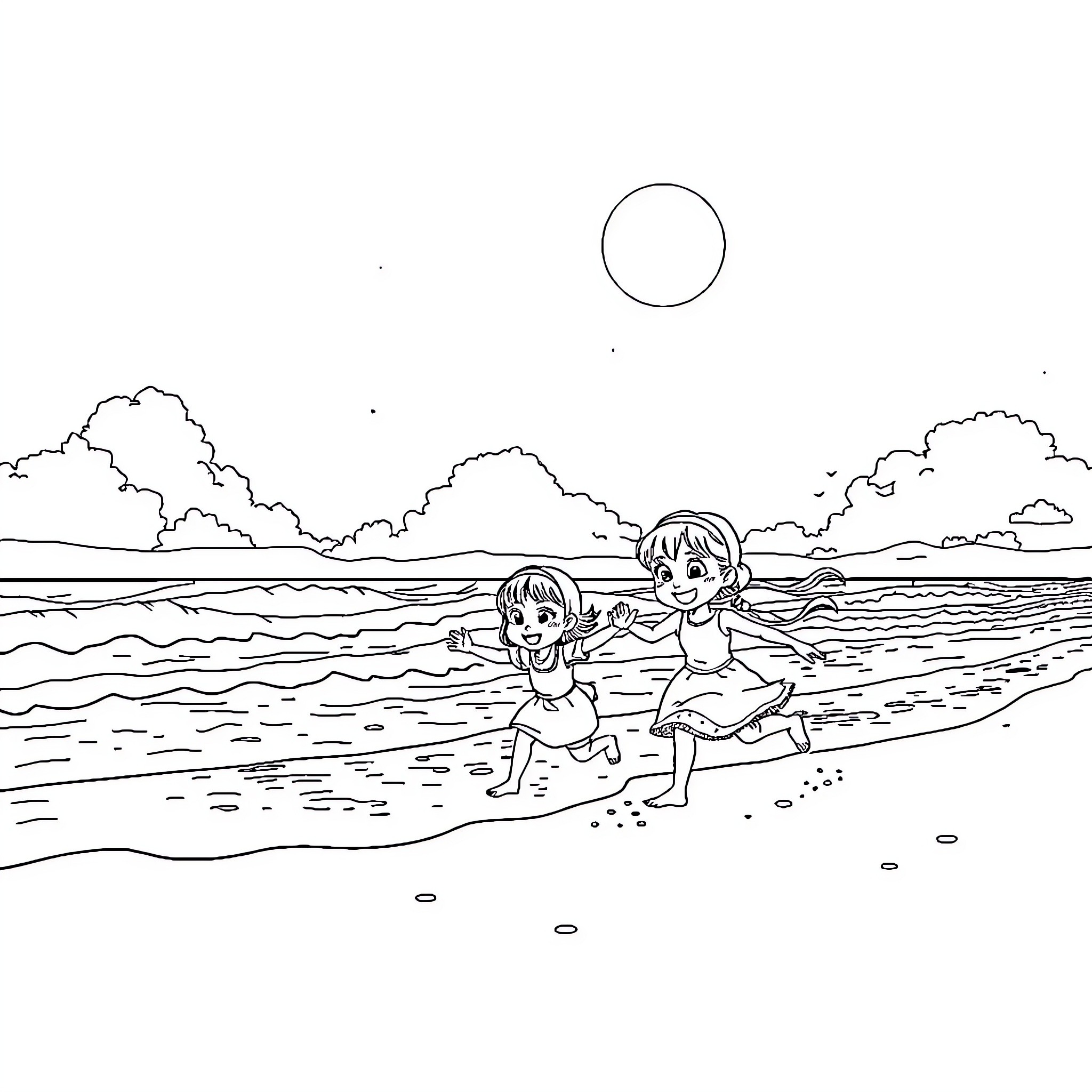 Masha and friends playing on the beach Coloring Page (free black-and-white line drawing printable PDF for all, from beginners to advanced learners, including children, teens, adults, and seniors)