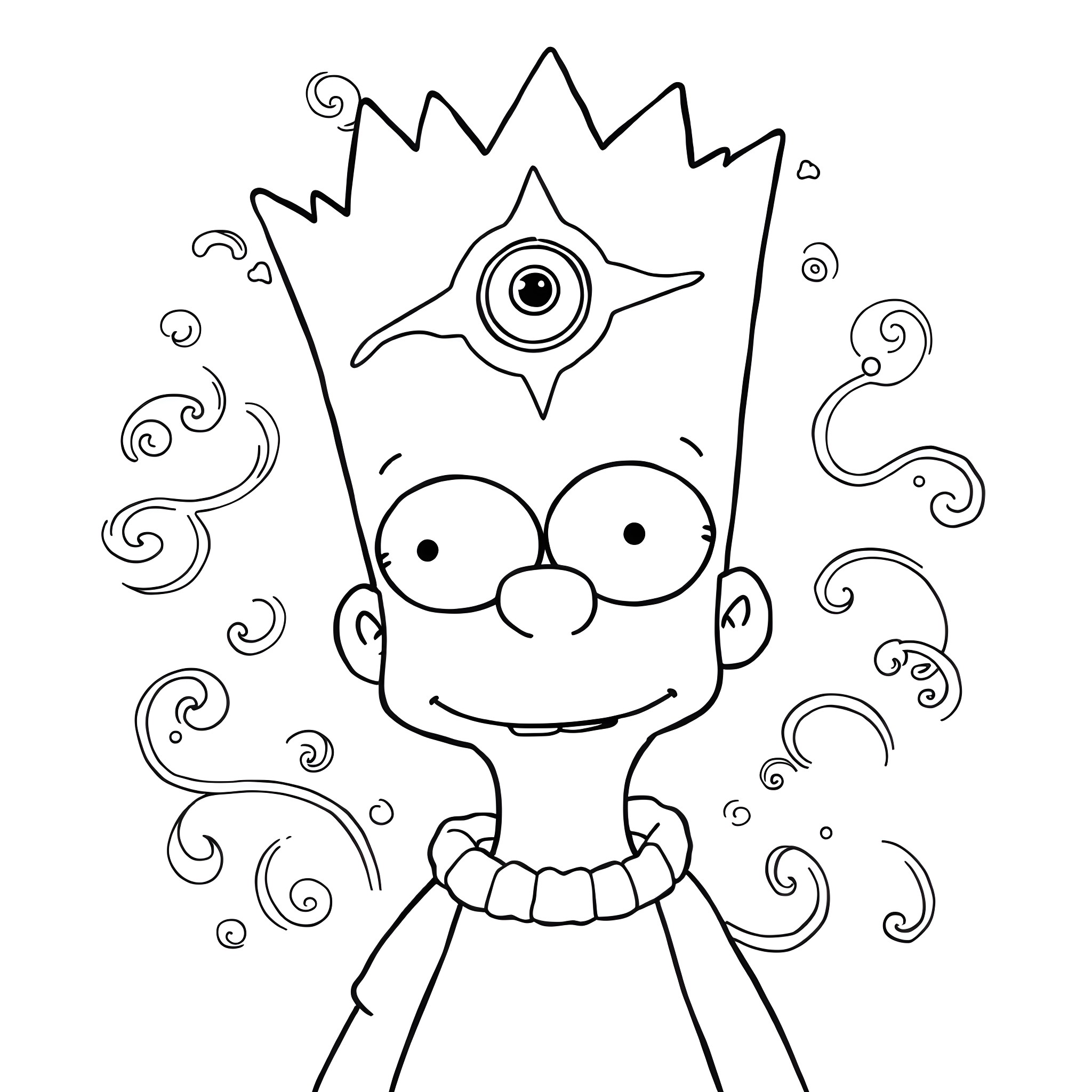 Bart Simpson in a whimsical and imaginative scene Coloring Page (free black-and-white line drawing printable PDF for all, from beginners to advanced learners, including children, teens, adults, and seniors)