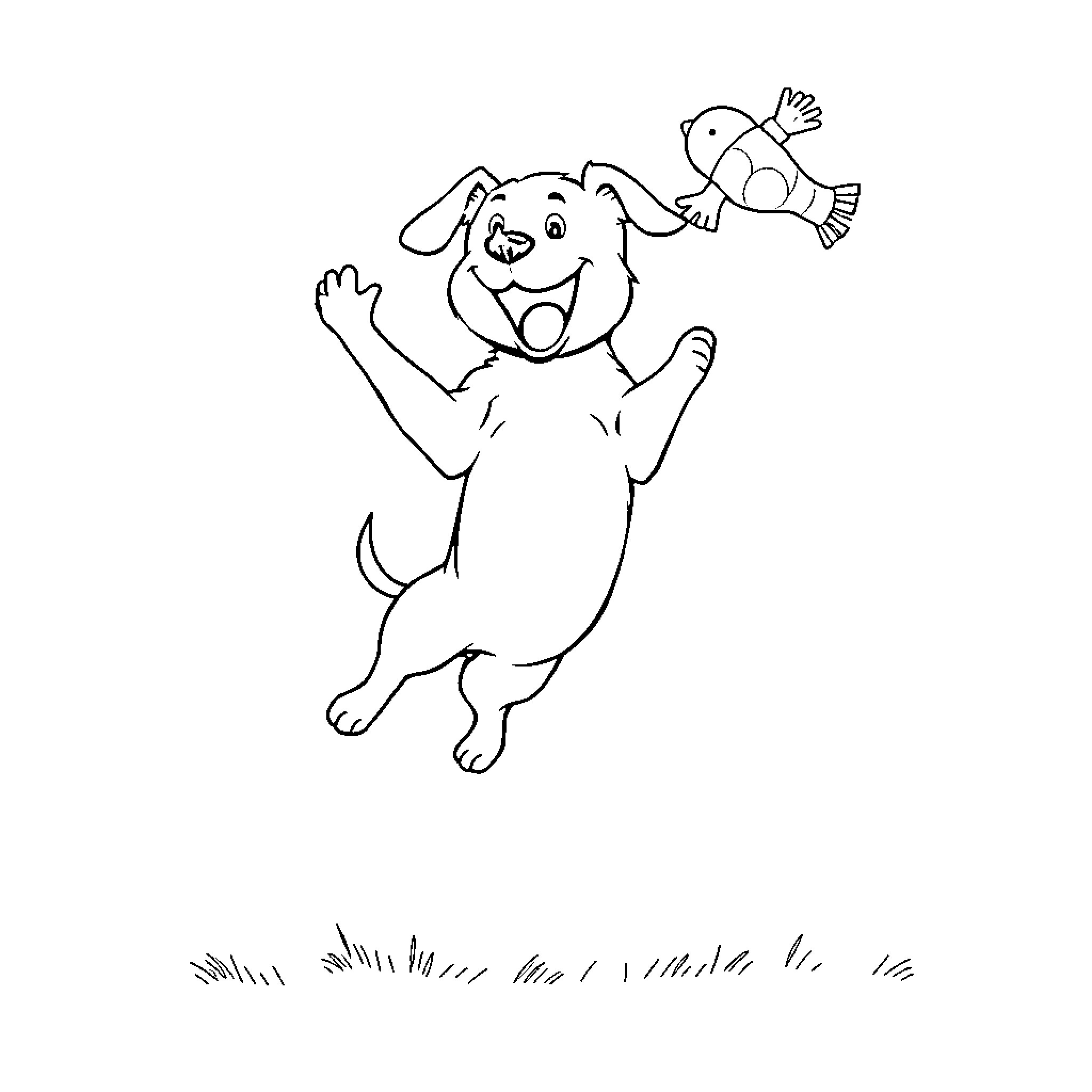 Dog jumping happily with bird Coloring Page (free black-and-white line drawing printable PDF for all, from beginners to advanced learners, including children, teens, adults, and seniors)