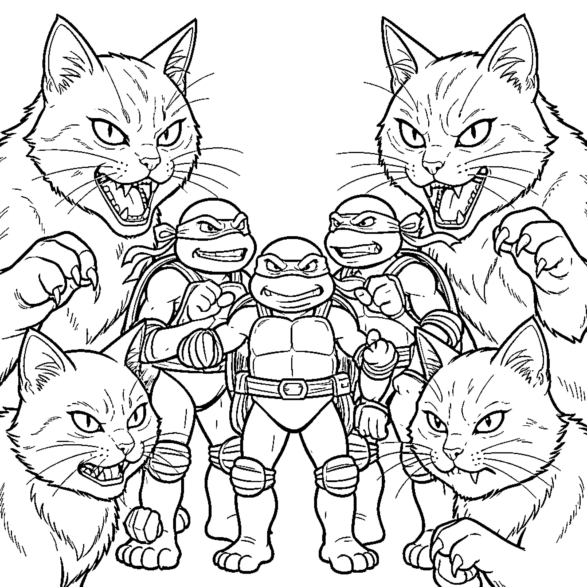 Ninja Turtle heroes surrounded by fierce feline allies Coloring Page (free black-and-white line drawing printable PDF for all, from beginners to advanced learners, including children, teens, adults, and seniors)