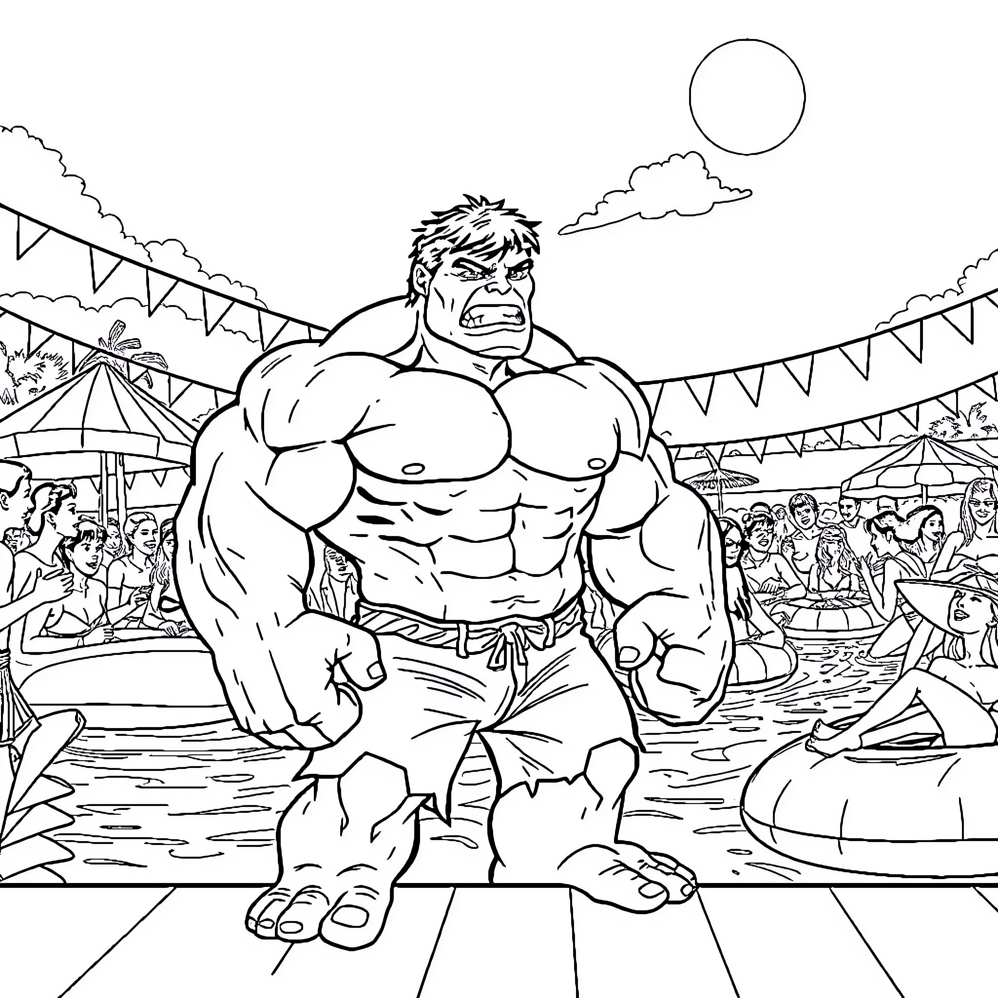 Hulk Smashing in Summer Carnival Coloring Page (free black-and-white line drawing printable PDF for all, from beginners to advanced learners, including children, teens, adults, and seniors)