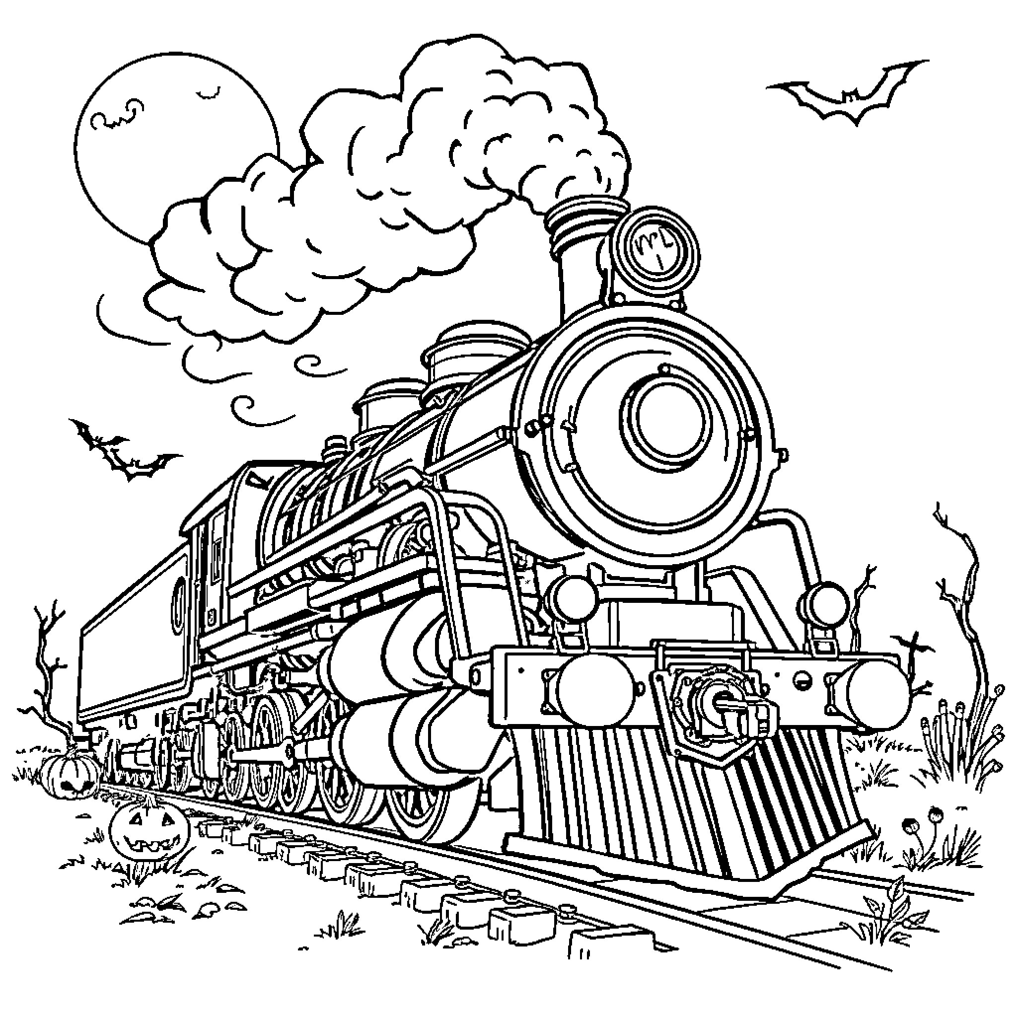 Diesel Train Chugging Through the Countryside Coloring Page (free black-and-white line drawing printable PDF for all, from beginners to advanced learners, including children, teens, adults, and seniors)