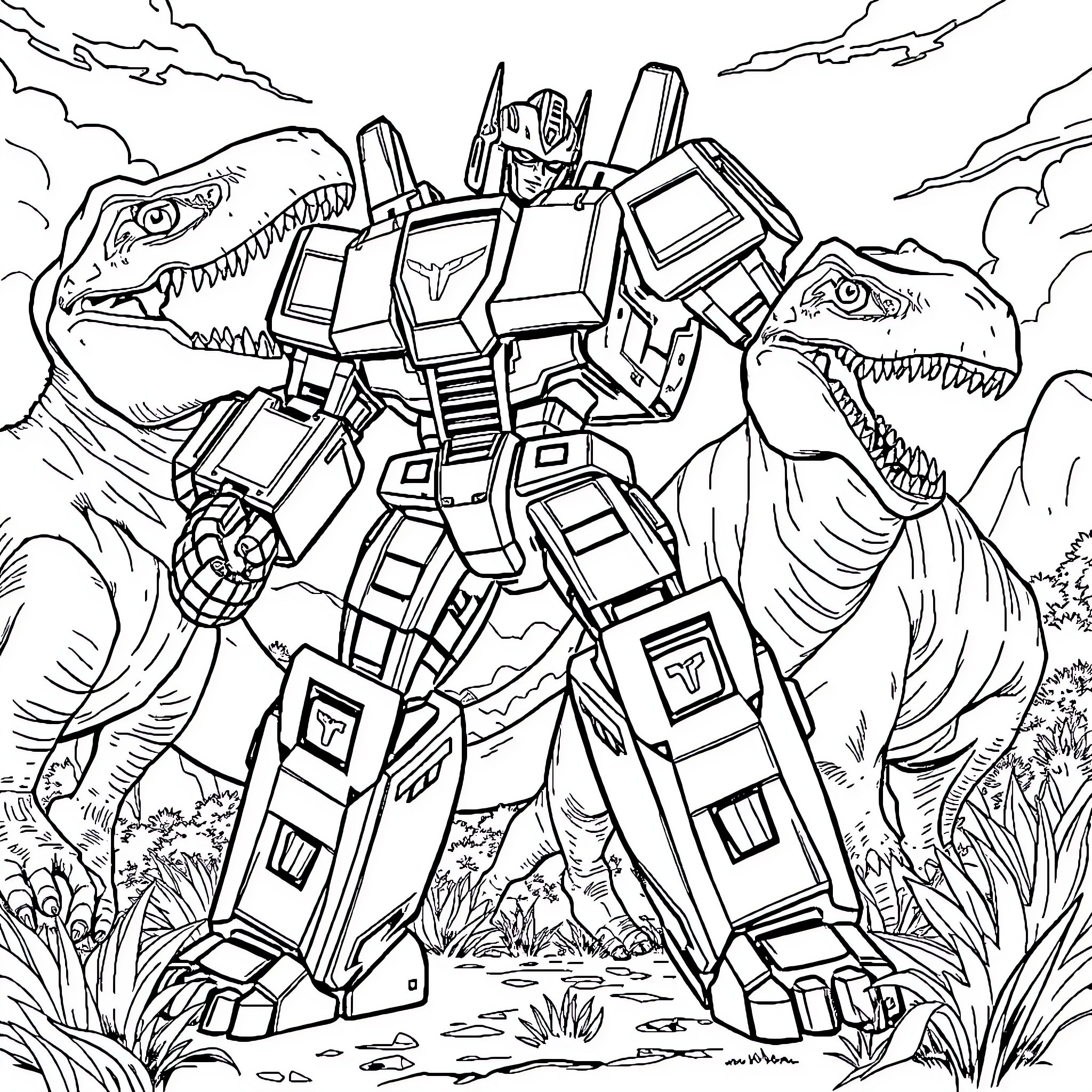 Transformer battles dinosaurs in the wilderness Coloring Page (free black-and-white line drawing printable PDF for all, from beginners to advanced learners, including children, teens, adults, and seniors)