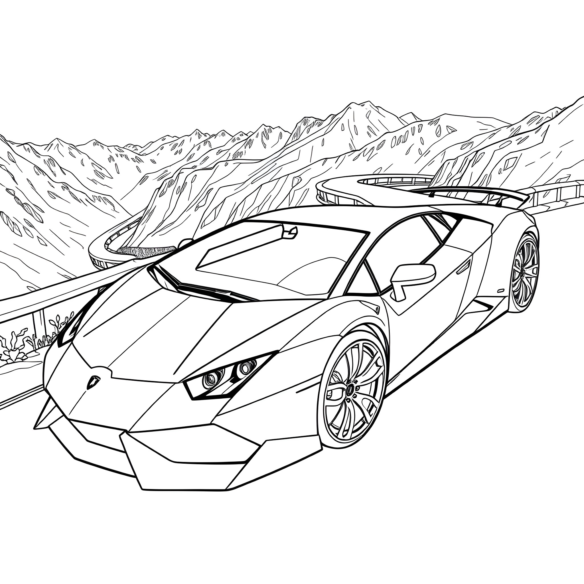 Lamborghini sports car in the mountains Coloring Page (free black-and-white line drawing printable PDF for all, from beginners to advanced learners, including children, teens, adults, and seniors)
