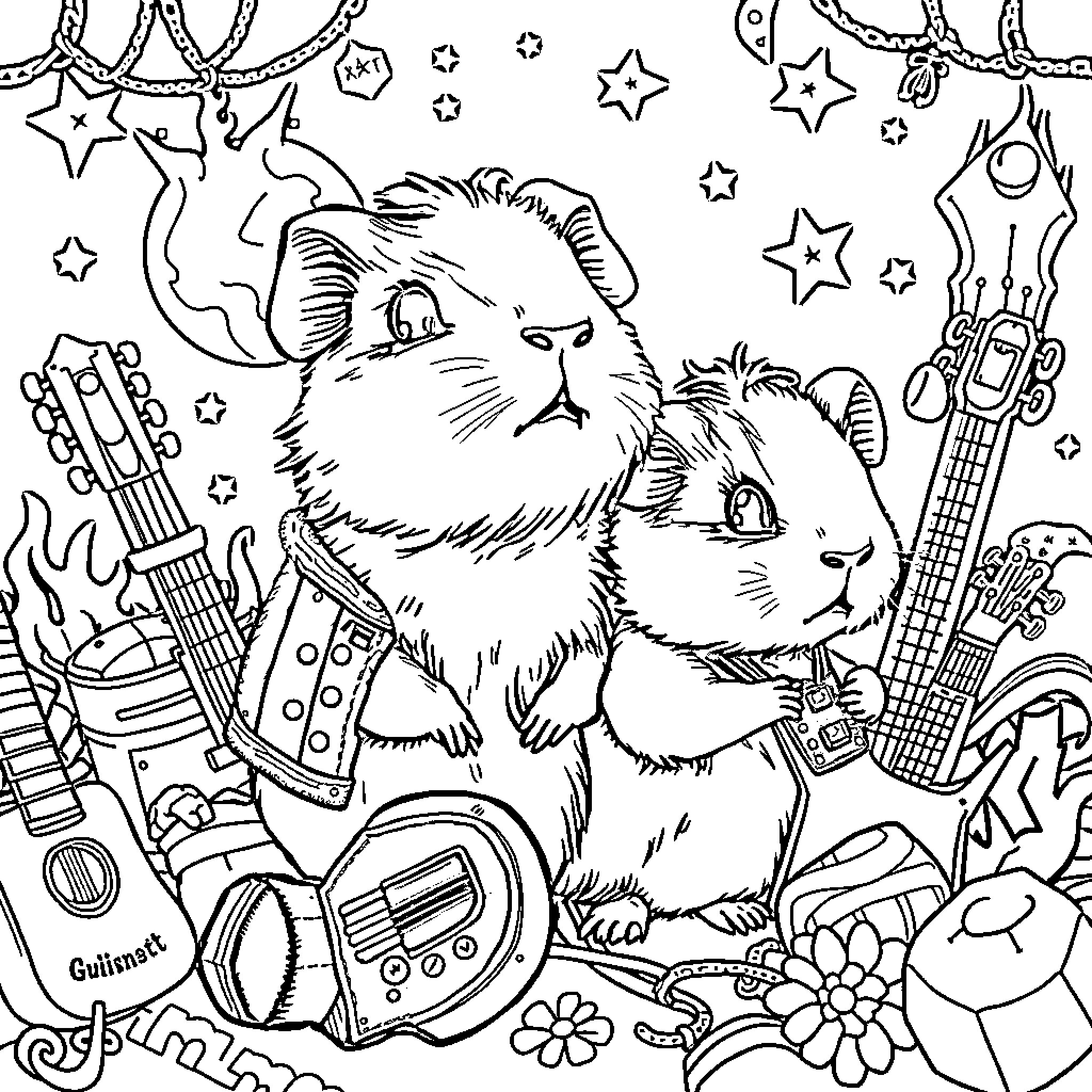 Guinea Pigs Enjoying Musical Instruments and Accessories Coloring Page (free black-and-white line drawing printable PDF for all, from beginners to advanced learners, including children, teens, adults, and seniors)
