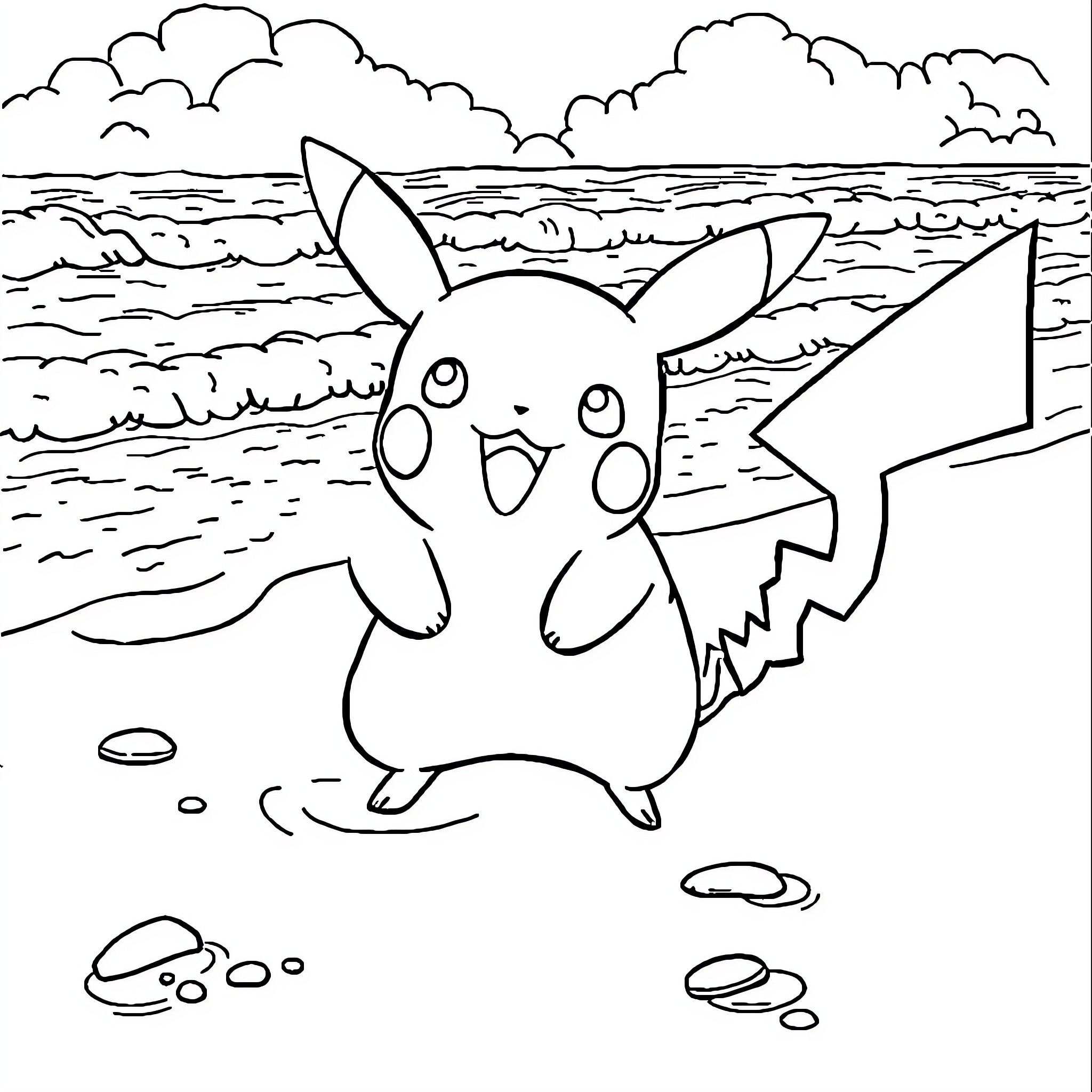Pikachu exploring the beach Coloring Page (free black-and-white line drawing printable PDF for all, from beginners to advanced learners, including children, teens, adults, and seniors)