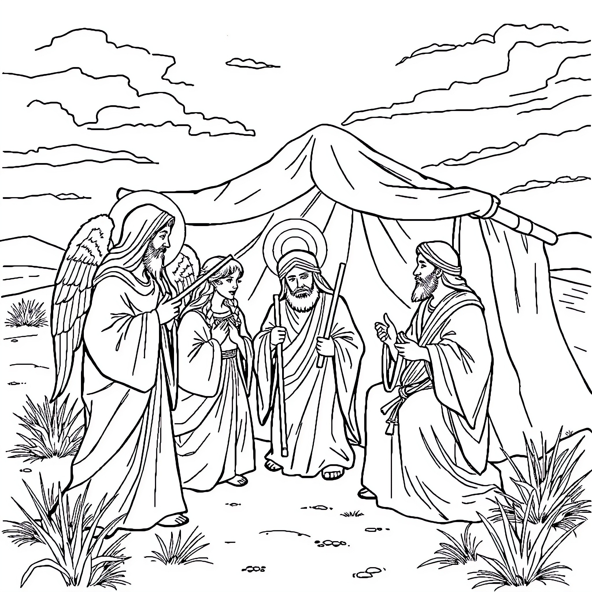Angel's Presence Blesses the Holy Family Coloring Page (free black-and-white line drawing printable PDF for all, from beginners to advanced learners, including children, teens, adults, and seniors)