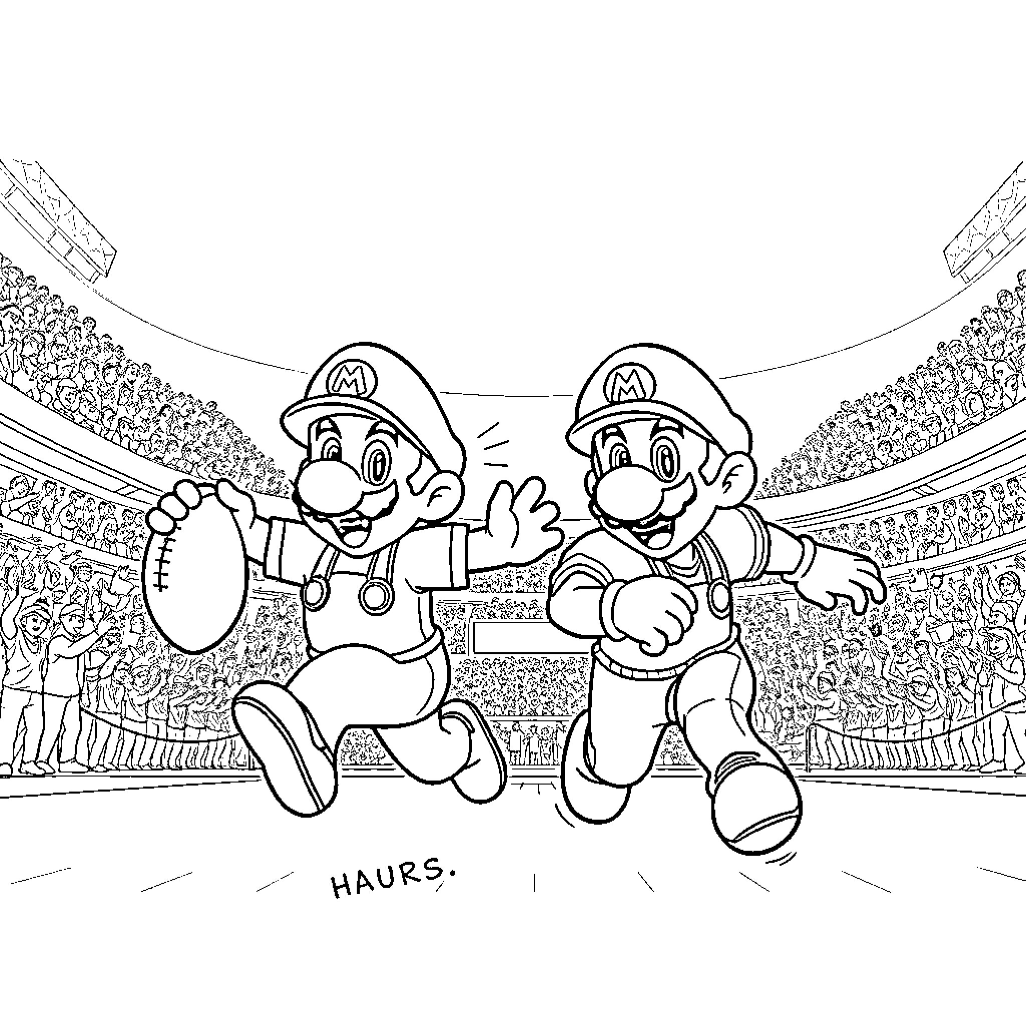 Super Mario Characters Competing in a Stadium Coloring Page (free black-and-white line drawing printable PDF for all, from beginners to advanced learners, including children, teens, adults, and seniors)
