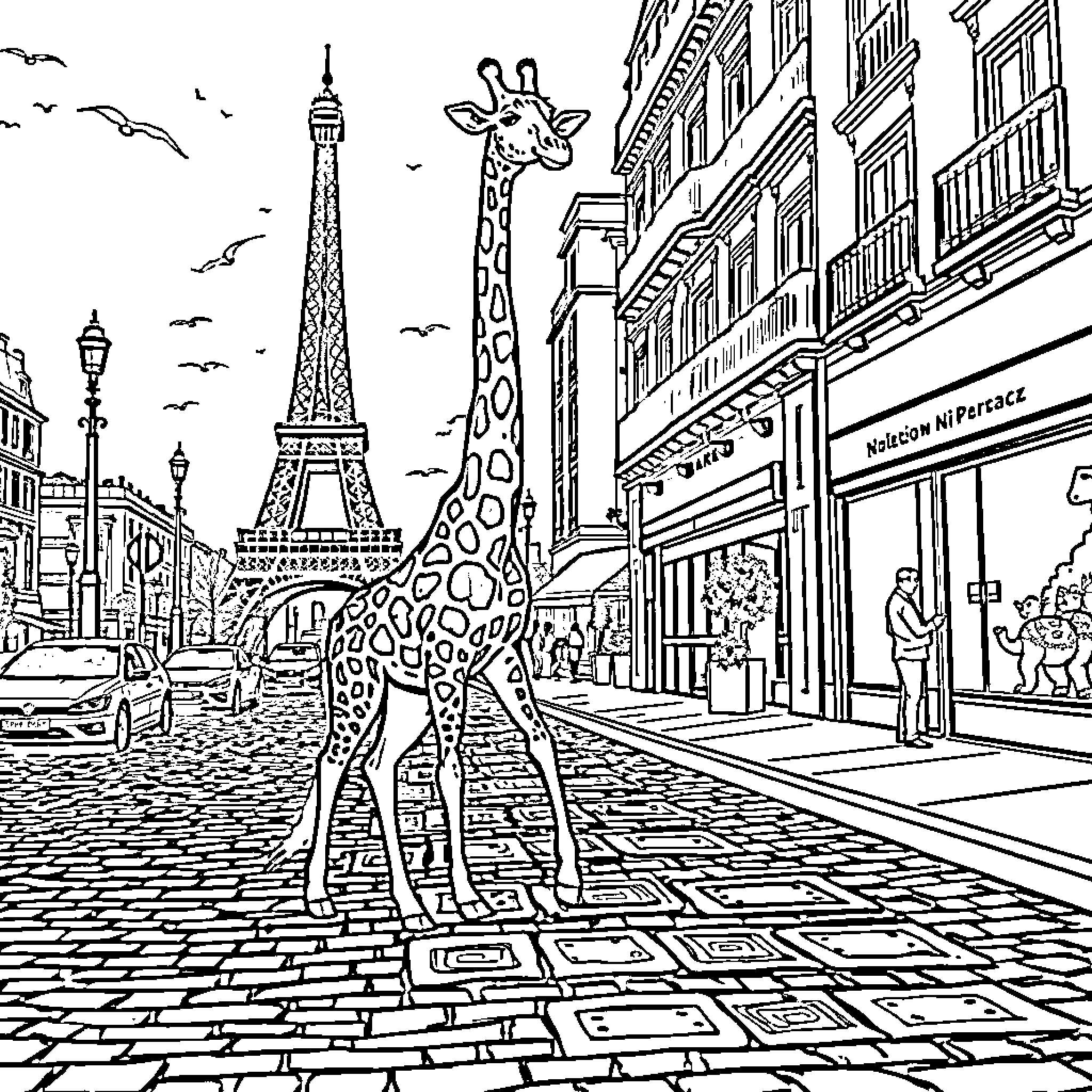 Giraffe exploring the streets of Paris Coloring Page (free black-and-white line drawing printable PDF for all, from beginners to advanced learners, including children, teens, adults, and seniors)