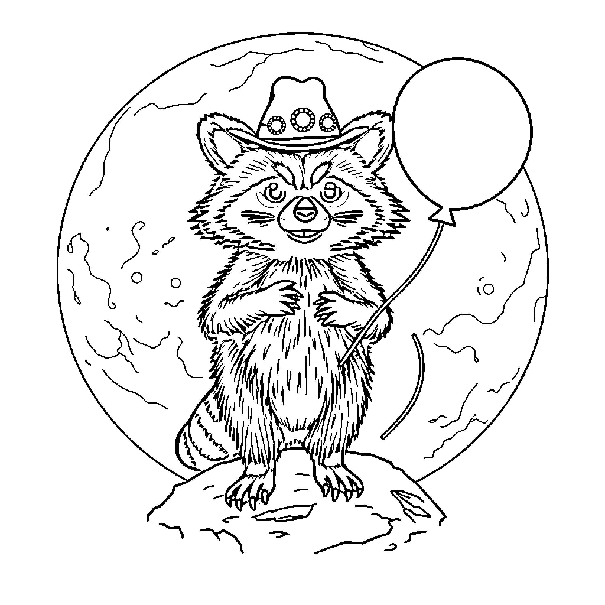 Raccoon wearing a cowboy hat holding a balloon Coloring Page (free black-and-white line drawing printable PDF for all, from beginners to advanced learners, including children, teens, adults, and seniors)