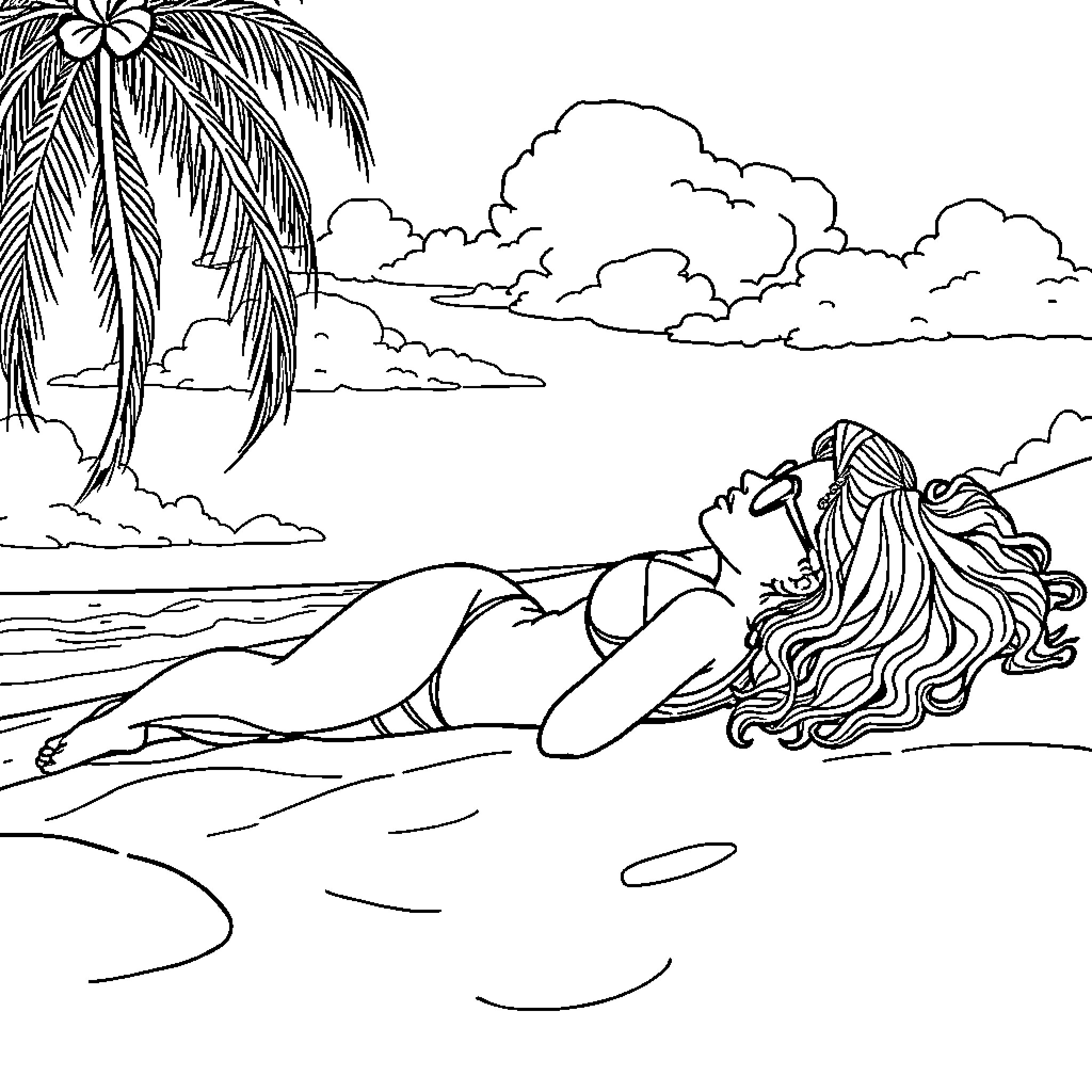 Aloy resting on the beach under palm trees Coloring Page (free black-and-white line drawing printable PDF for all, from beginners to advanced learners, including children, teens, adults, and seniors)