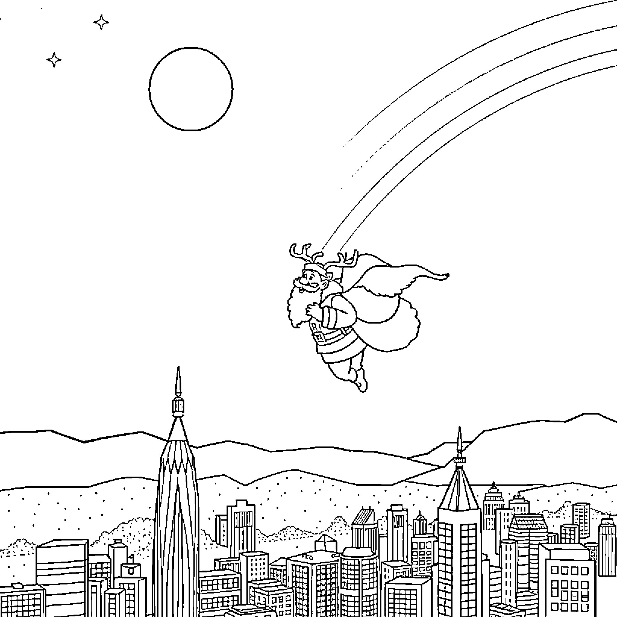 Santa Claus soaring through the night sky Coloring Page (free black-and-white line drawing printable PDF for all, from beginners to advanced learners, including children, teens, adults, and seniors)