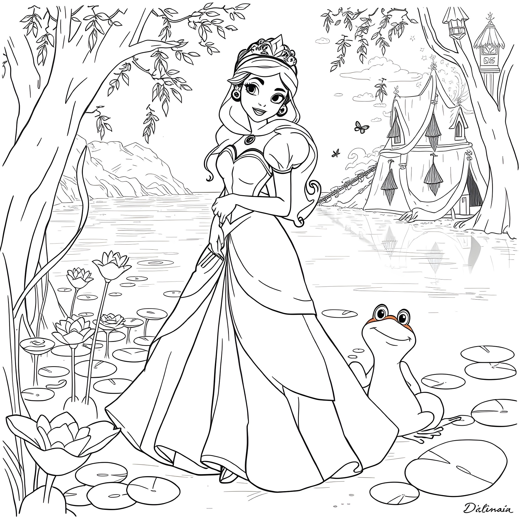 Tiana dancing gracefully in her enchanting garden Coloring Page (free black-and-white line drawing printable PDF for all, from beginners to advanced learners, including children, teens, adults, and seniors)