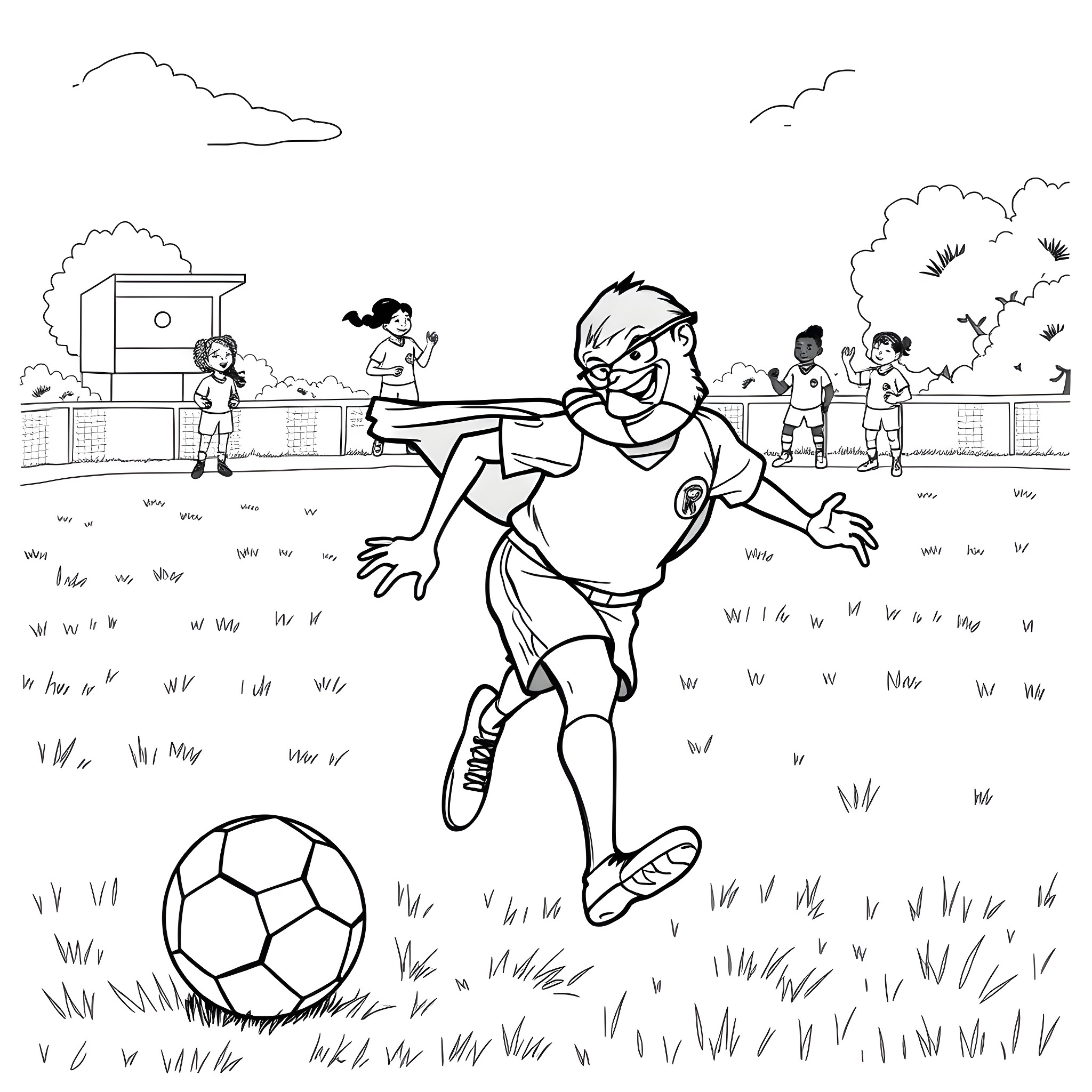 Robin dribbling a soccer ball on a field Coloring Page (free black-and-white line drawing printable PDF for all, from beginners to advanced learners, including children, teens, adults, and seniors)