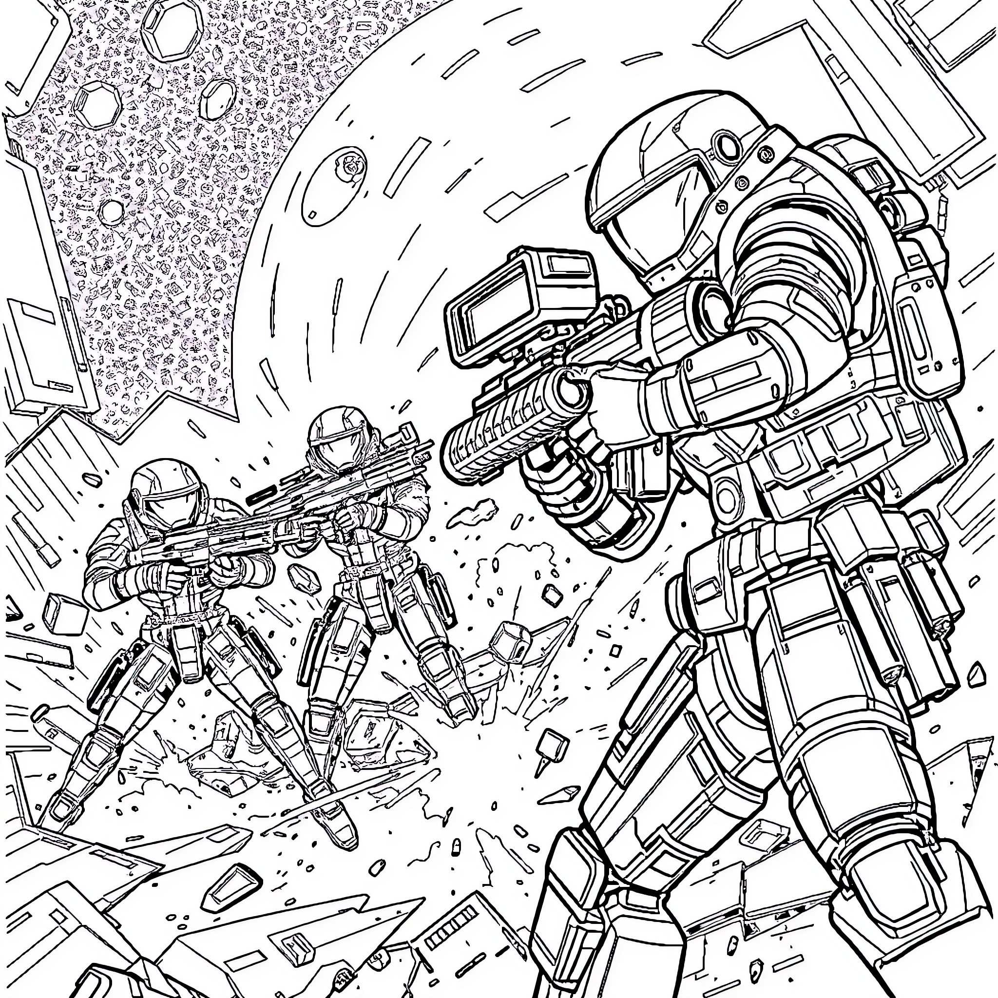 Futuristic Robotic Combat Simulation Coloring Page (free black-and-white line drawing printable PDF for all, from beginners to advanced learners, including children, teens, adults, and seniors)