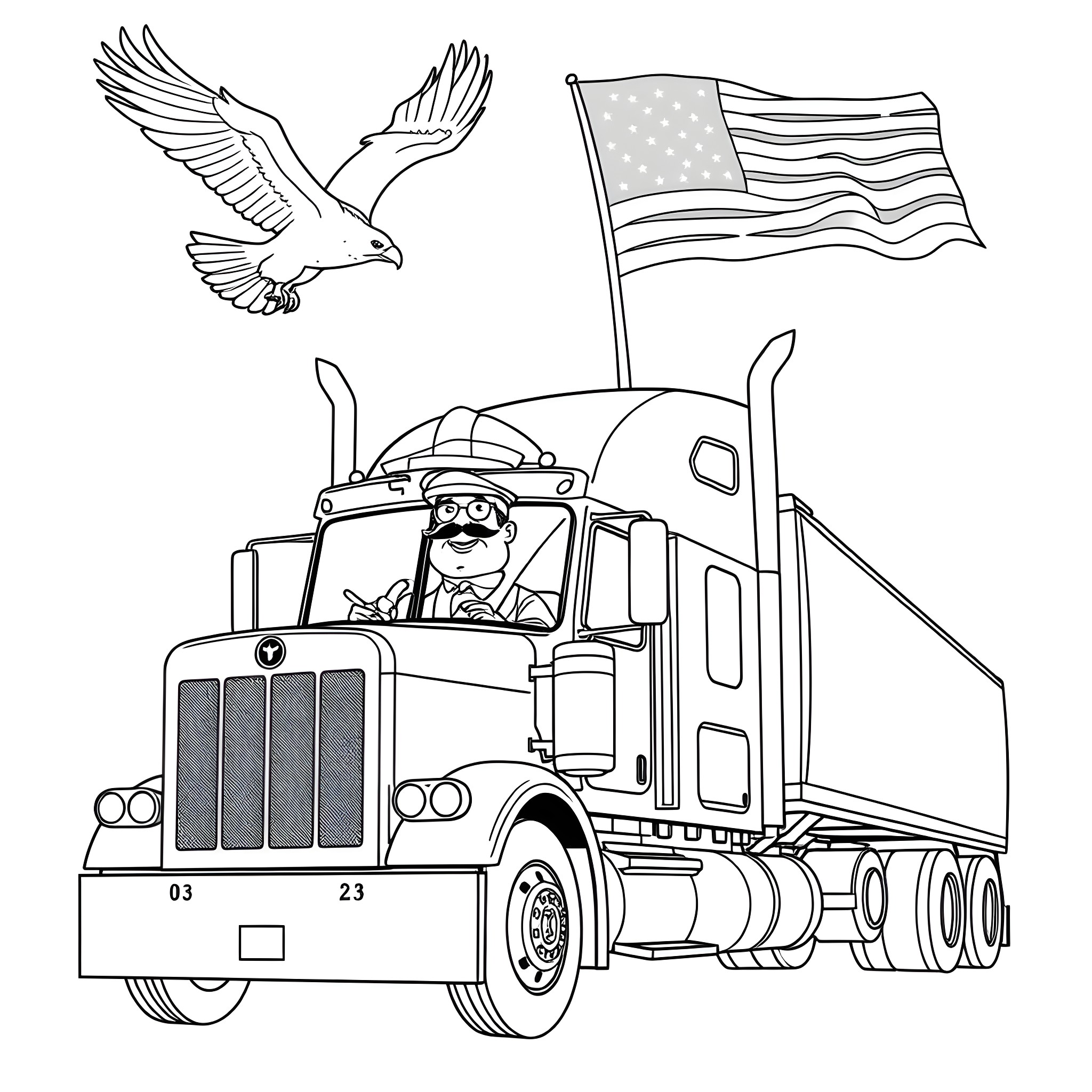 Dad Drives Patriotic Truck with American Flag Coloring Page (free black-and-white line drawing printable PDF for all, from beginners to advanced learners, including children, teens, adults, and seniors)