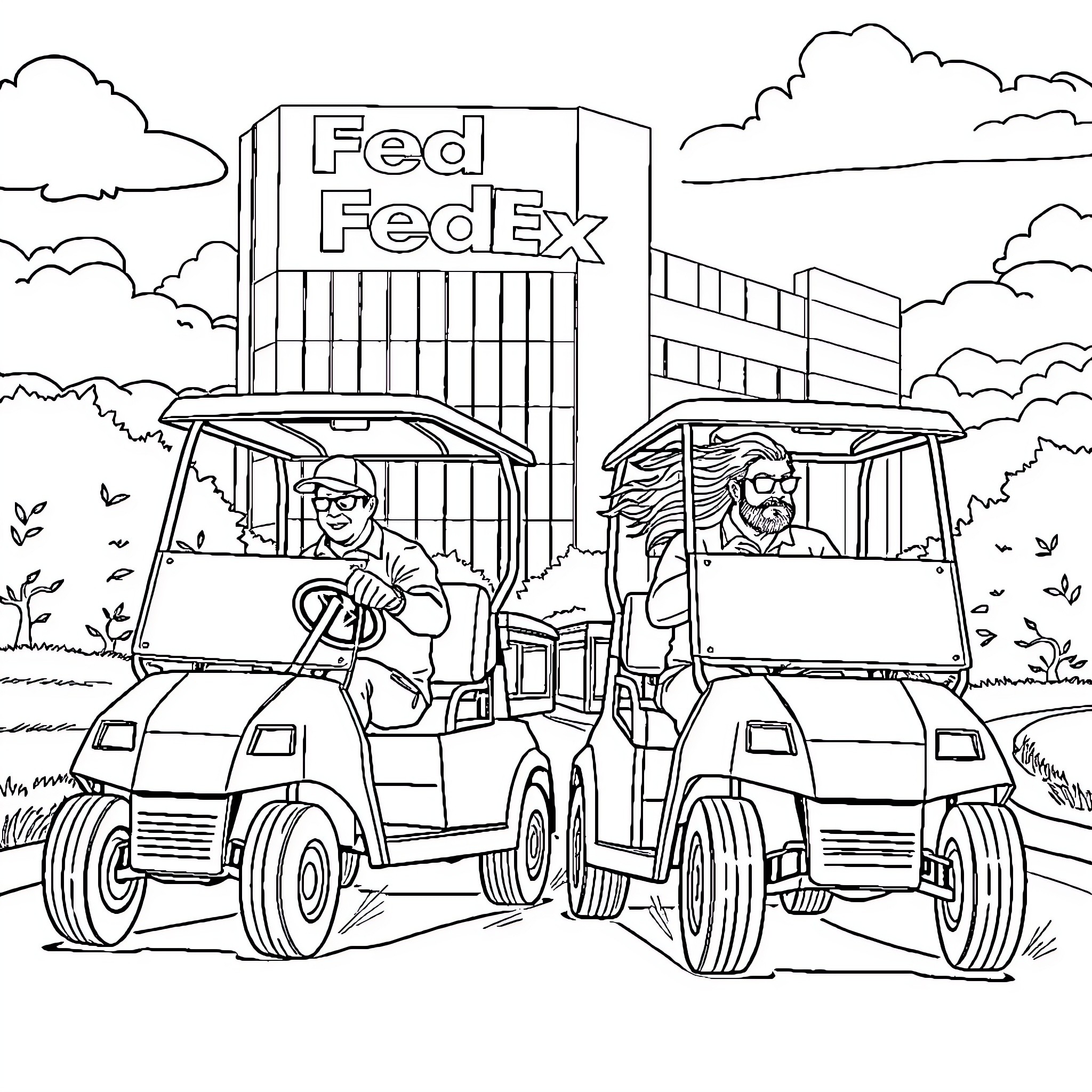 Golf Cart Delivery Workers at FedEx Warehouse Coloring Page (free black-and-white line drawing printable PDF for all, from beginners to advanced learners, including children, teens, adults, and seniors)