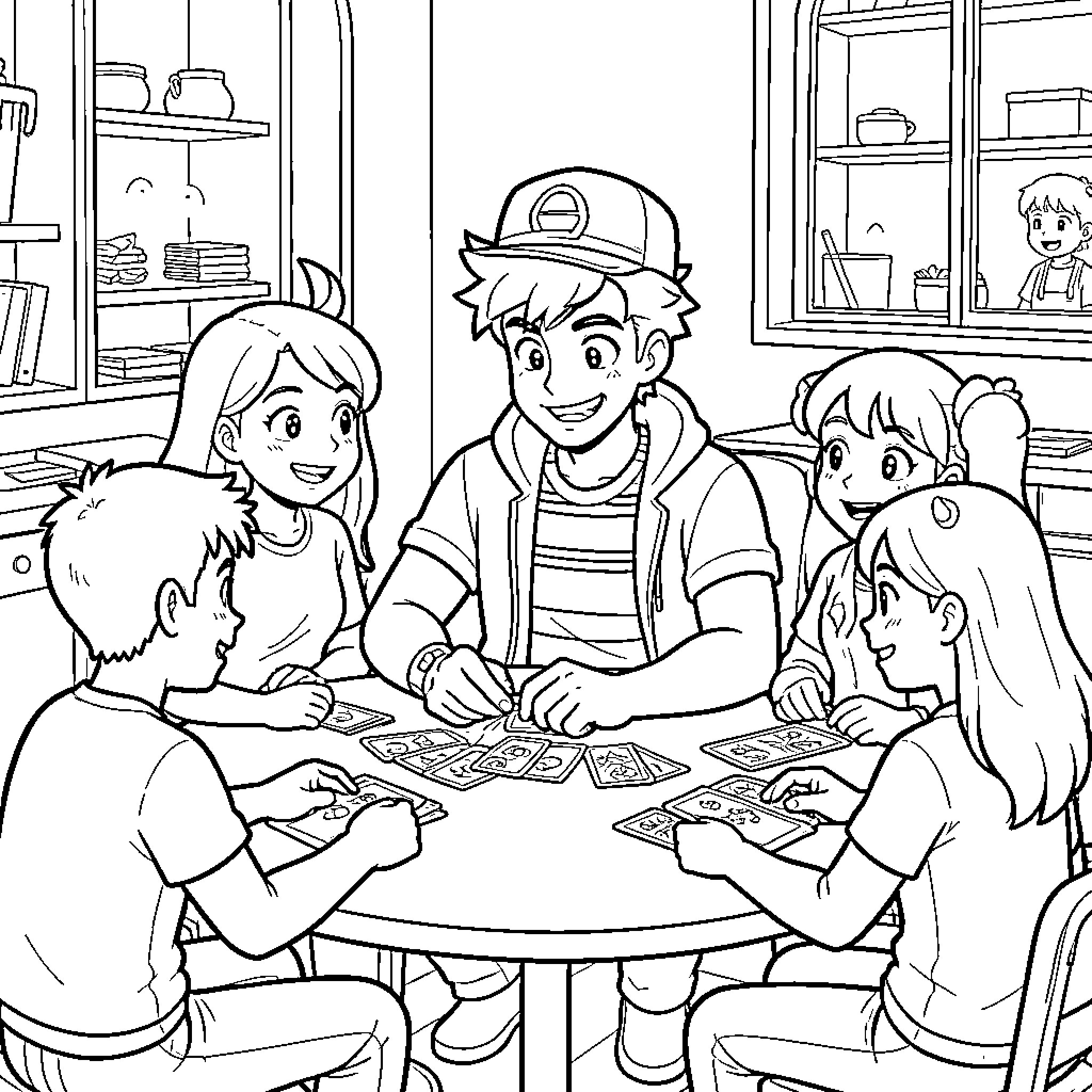 Marcus playing a card game with his friends Coloring Page (free black-and-white line drawing printable PDF for all, from beginners to advanced learners, including children, teens, adults, and seniors)