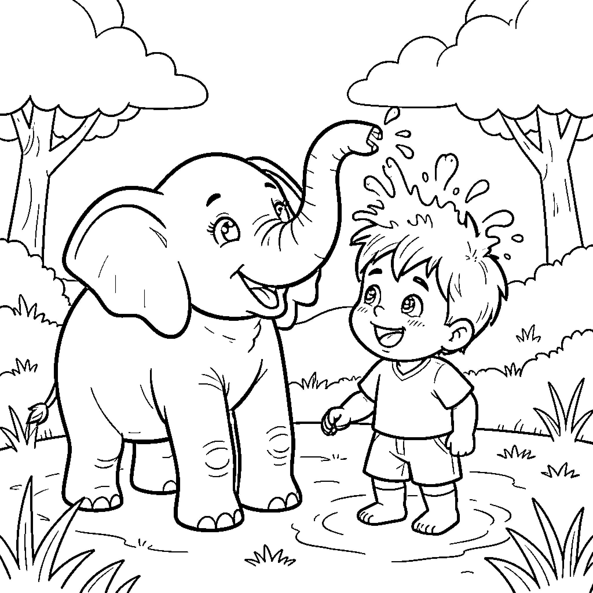 Elephant playing with child in nature Coloring Page (free black-and-white line drawing printable PDF for all, from beginners to advanced learners, including children, teens, adults, and seniors)