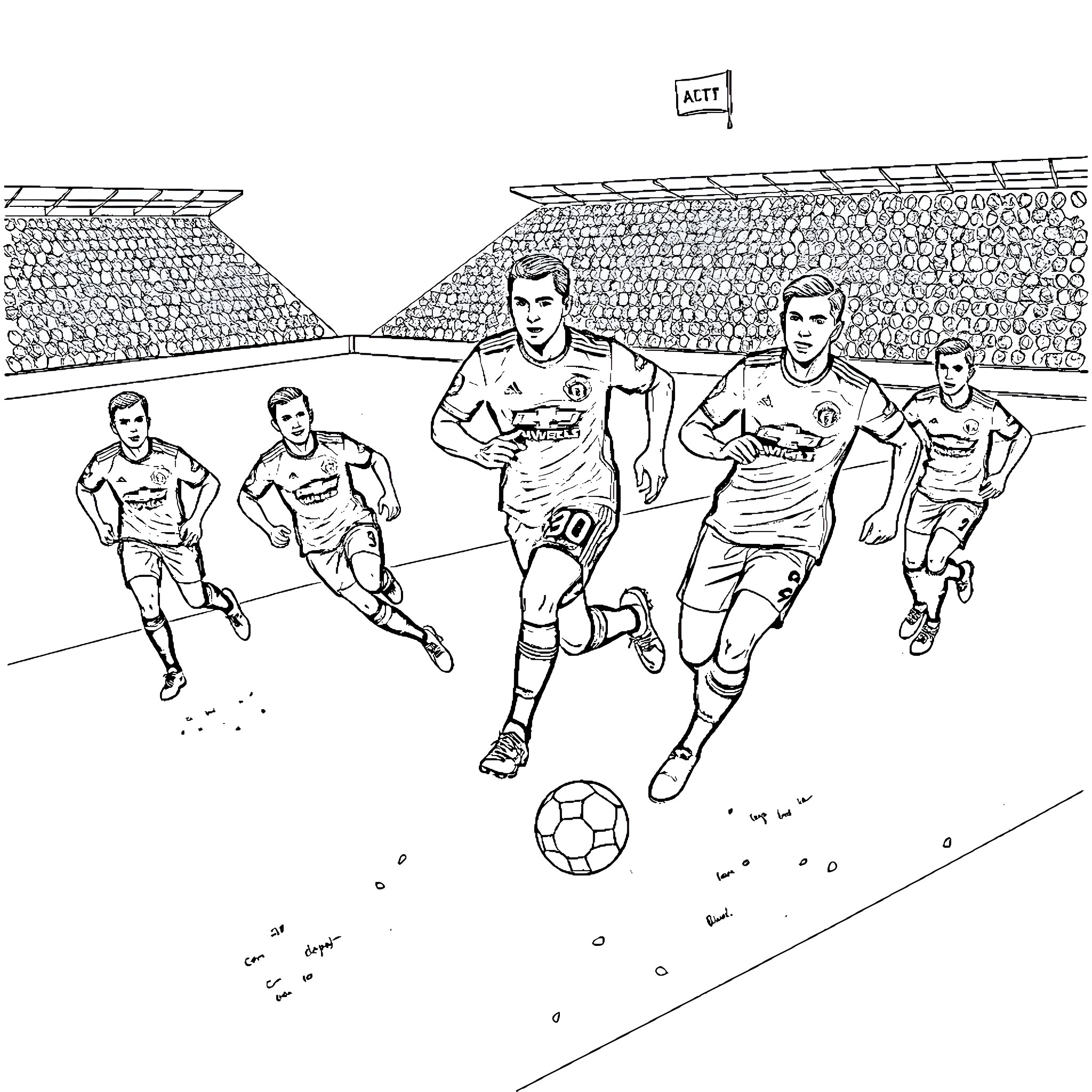 Manchester United players in action on the pitch Coloring Page (free black-and-white line drawing printable PDF for all, from beginners to advanced learners, including children, teens, adults, and seniors)