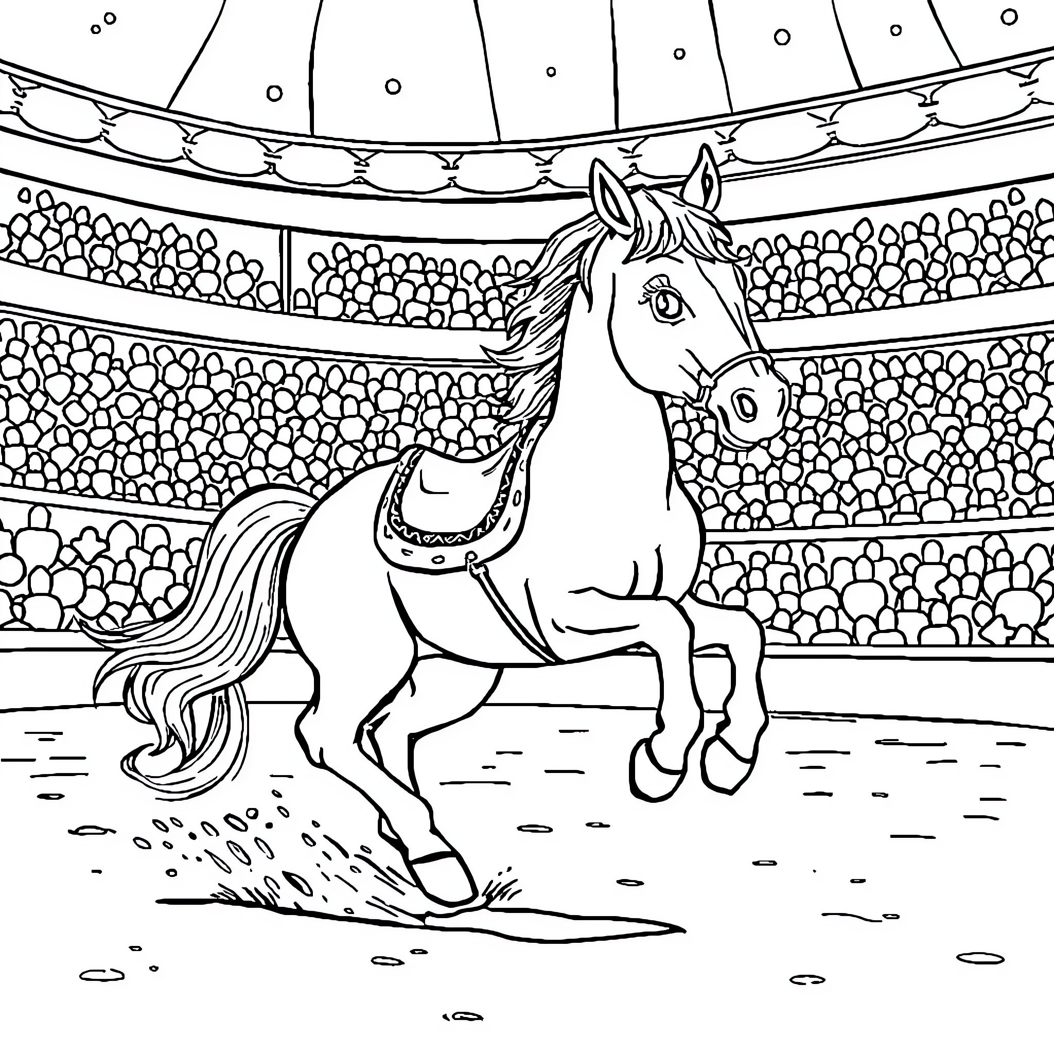 Horse performing in a circus arena Coloring Page (free black-and-white line drawing printable PDF for all, from beginners to advanced learners, including children, teens, adults, and seniors)