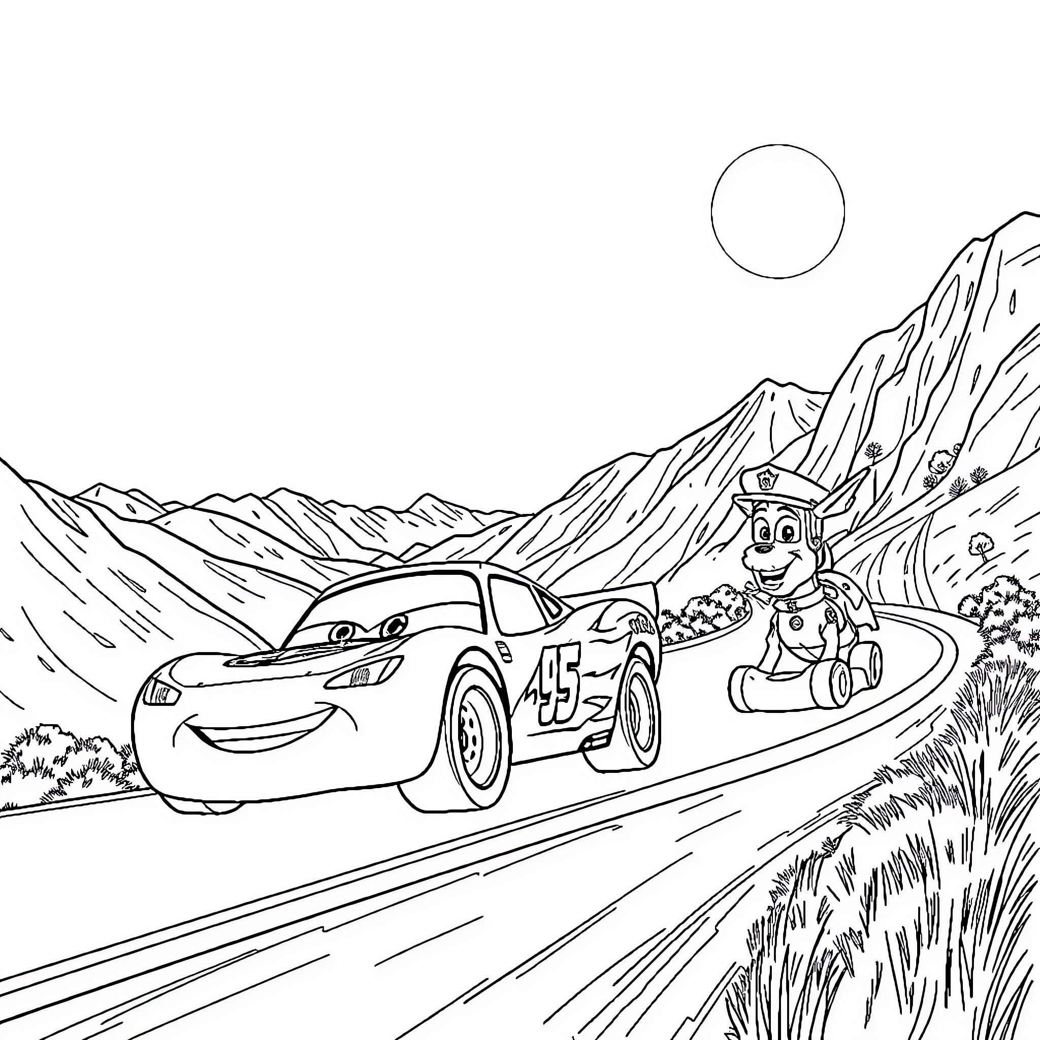 Car racing through winding mountain road Coloring Page (free black-and-white line drawing printable PDF for all, from beginners to advanced learners, including children, teens, adults, and seniors)