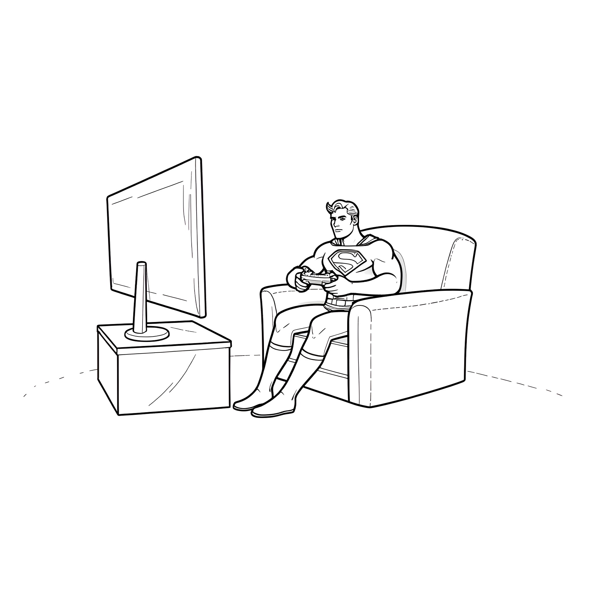 Superman relaxing on the couch and playing video games Coloring Page (free black-and-white line drawing printable PDF for all, from beginners to advanced learners, including children, teens, adults, and seniors)