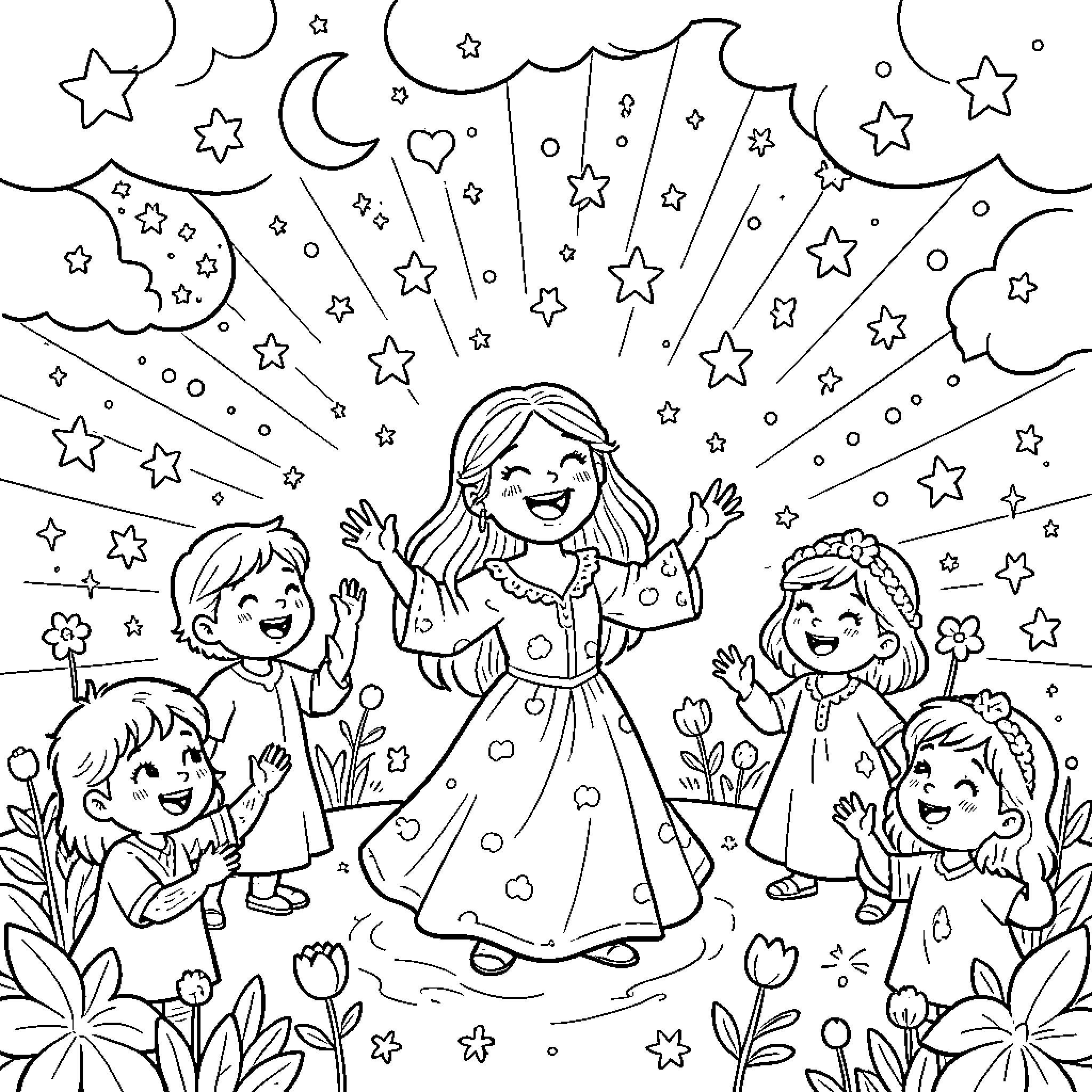 Miraculous Celebration of Joy and Harmony Coloring Page (free black-and-white line drawing printable PDF for all, from beginners to advanced learners, including children, teens, adults, and seniors)