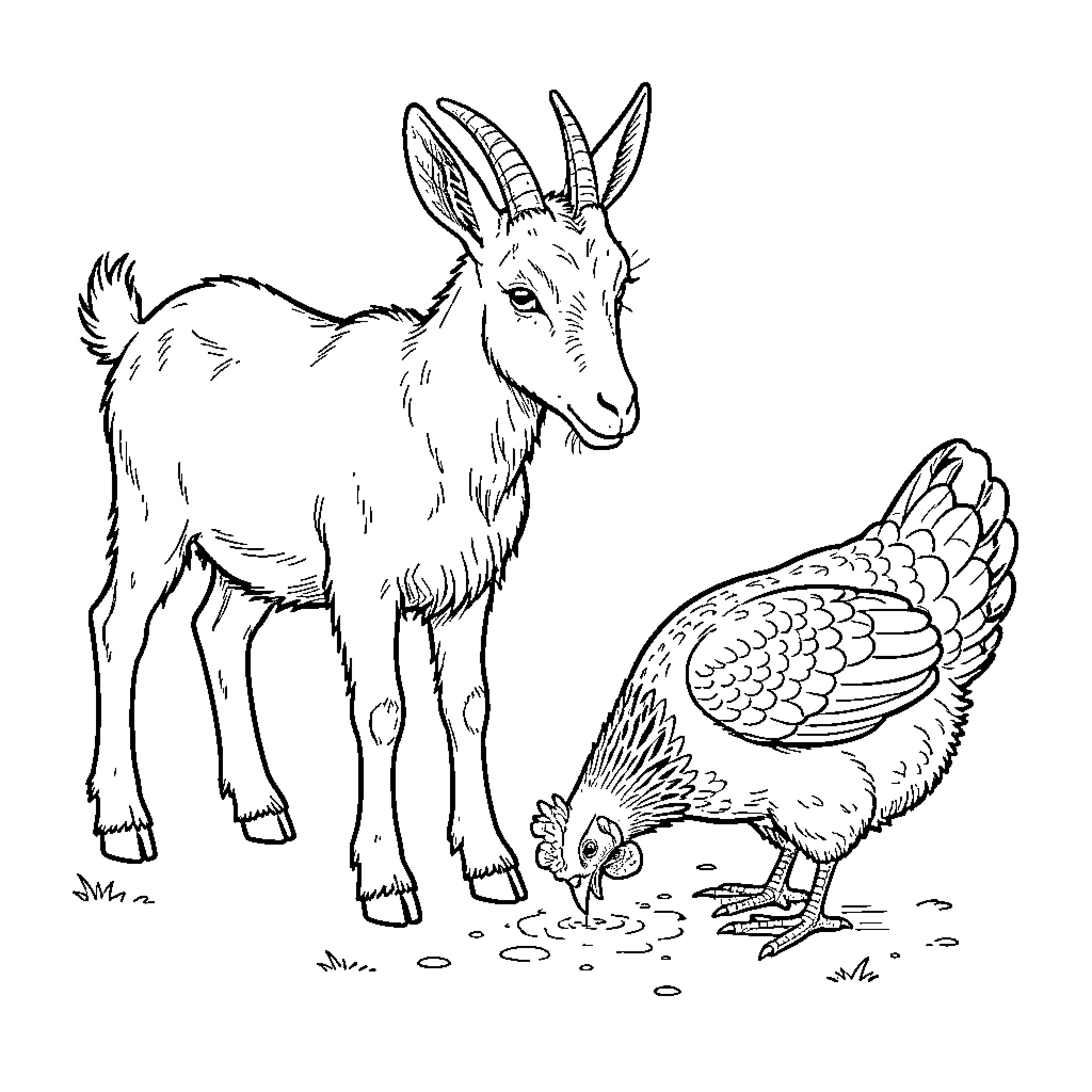 Chèvre standing near a chicken pecking the ground Coloring Page (free black-and-white line drawing printable PDF for all, from beginners to advanced learners, including children, teens, adults, and seniors)