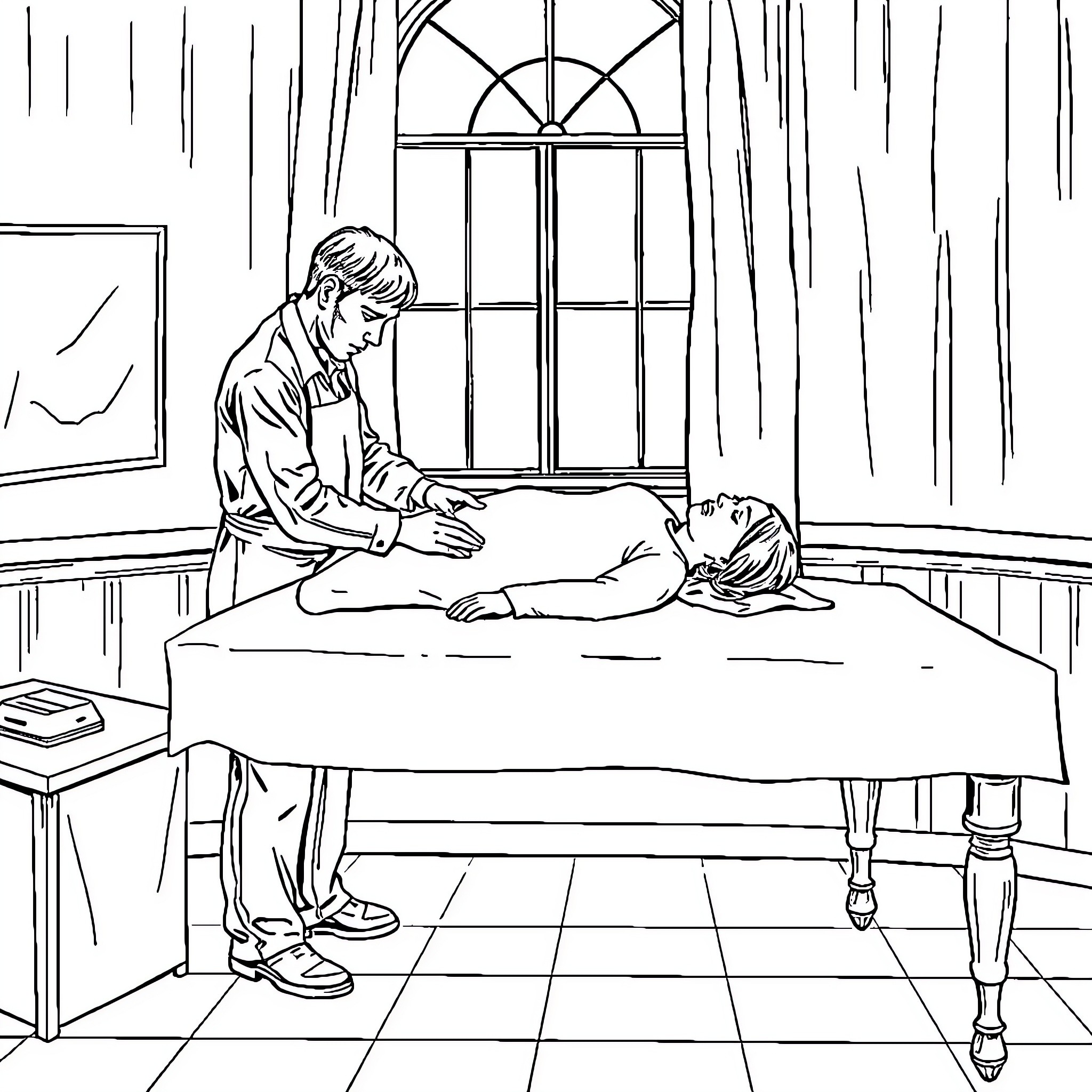 Embalmer attends to body in somber room Coloring Page (free black-and-white line drawing printable PDF for all, from beginners to advanced learners, including children, teens, adults, and seniors)