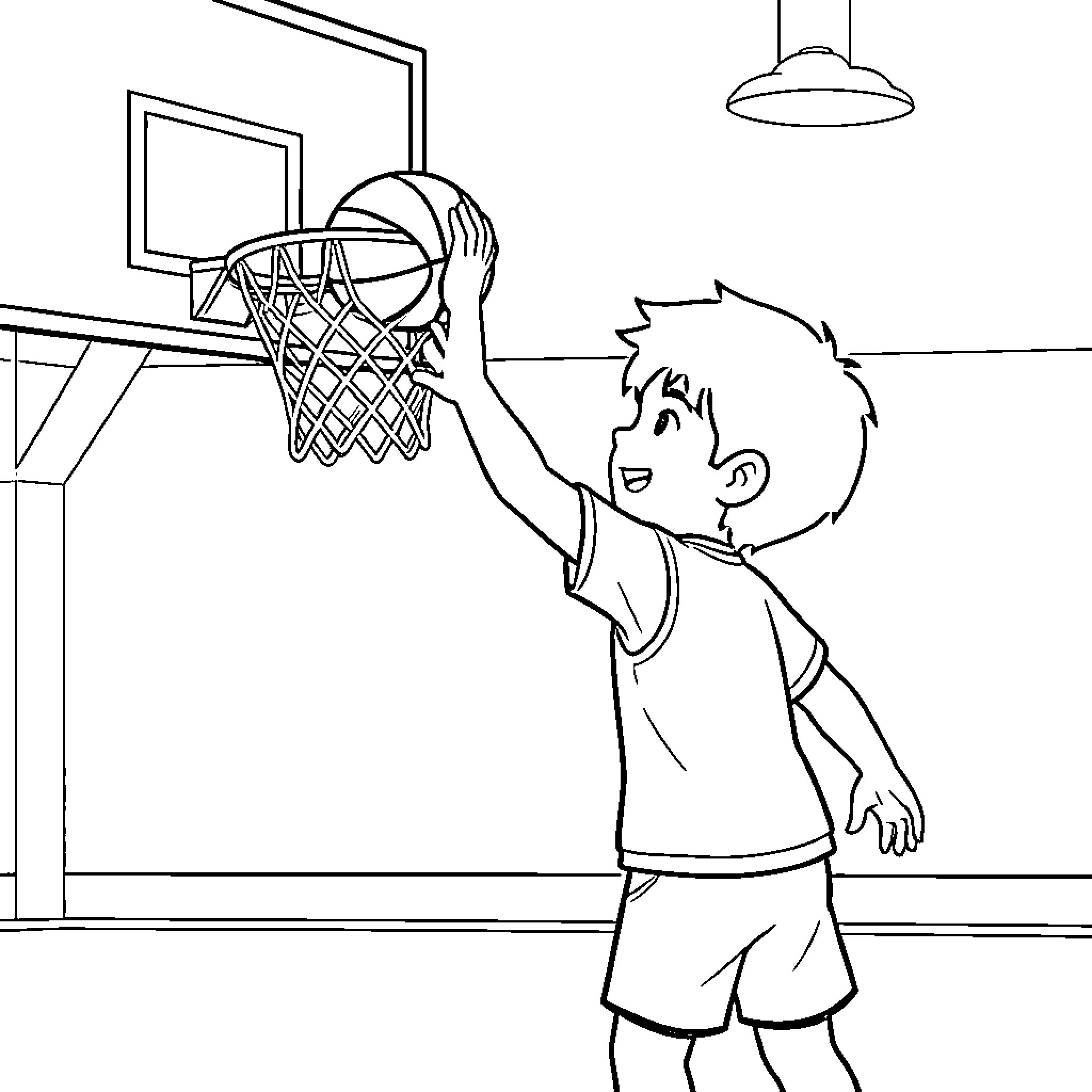 Boy playing basketball at indoor court Coloring Page (free black-and-white line drawing printable PDF for all, from beginners to advanced learners, including children, teens, adults, and seniors)