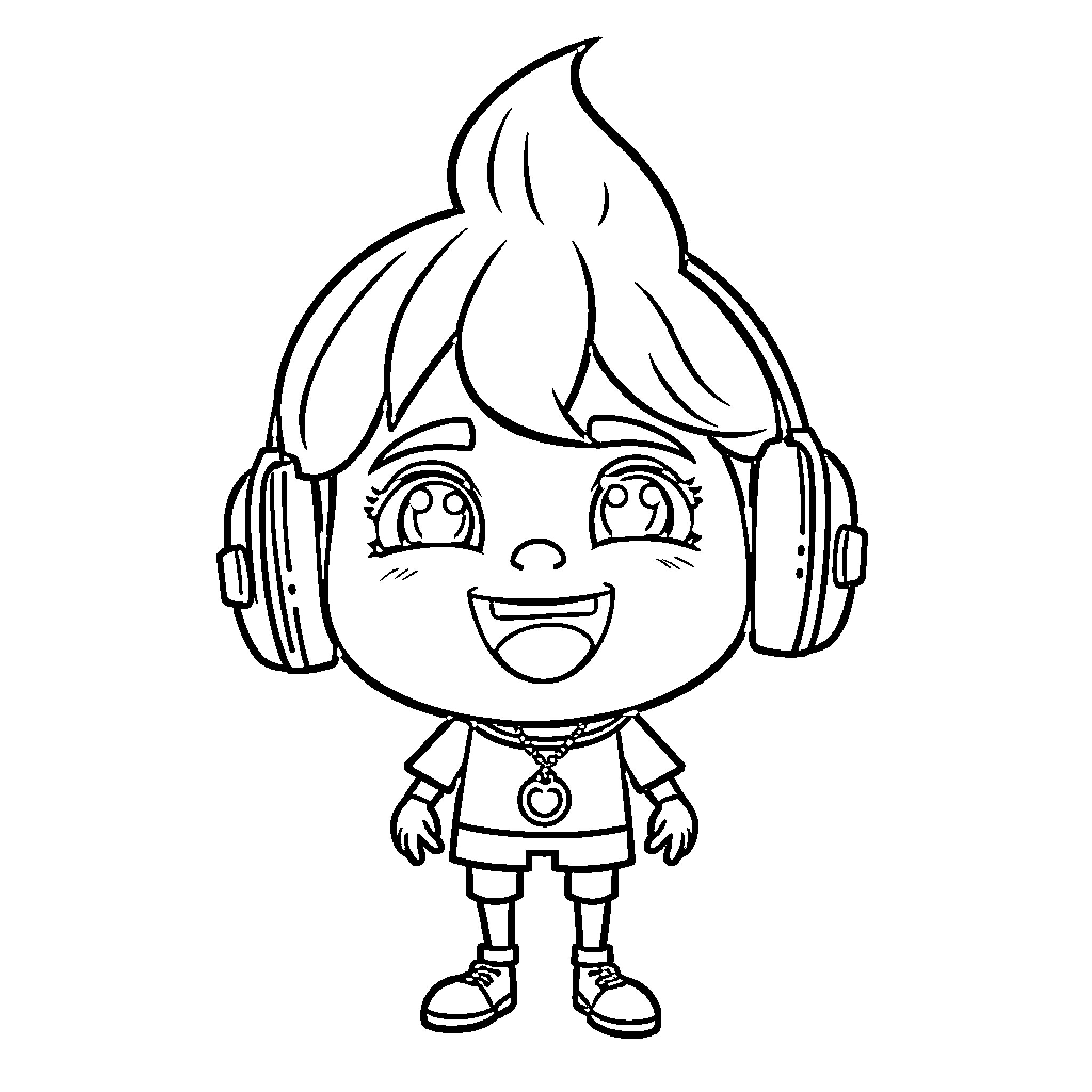 Vtuber with Cheerful Expression and Headphones Coloring Page (free black-and-white line drawing printable PDF for all, from beginners to advanced learners, including children, teens, adults, and seniors)