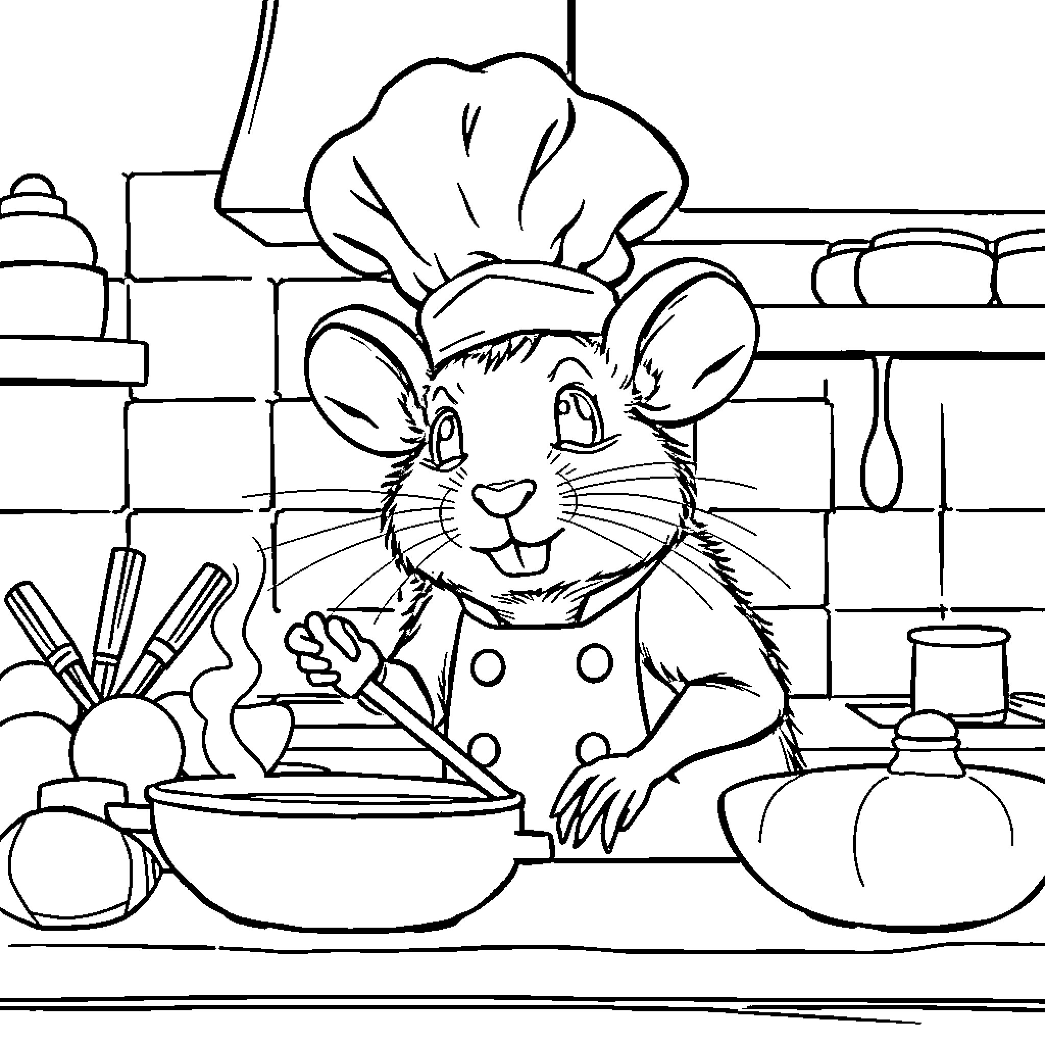 Ratón chef cocinando alegremente en la cocina Coloring Page (free black-and-white line drawing printable PDF for all, from beginners to advanced learners, including children, teens, adults, and seniors)