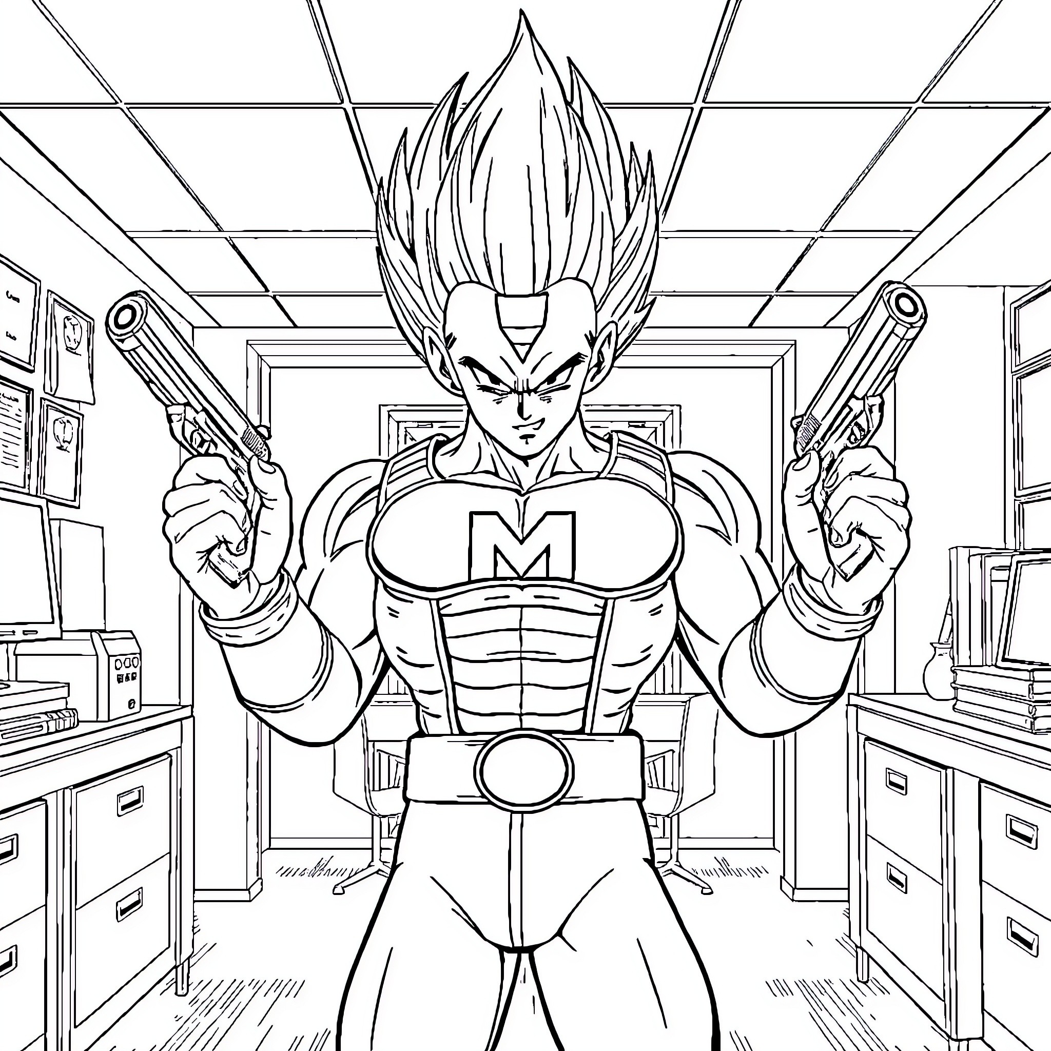 Vegeta wielding dual pistols in action-packed scene Coloring Page (free black-and-white line drawing printable PDF for all, from beginners to advanced learners, including children, teens, adults, and seniors)